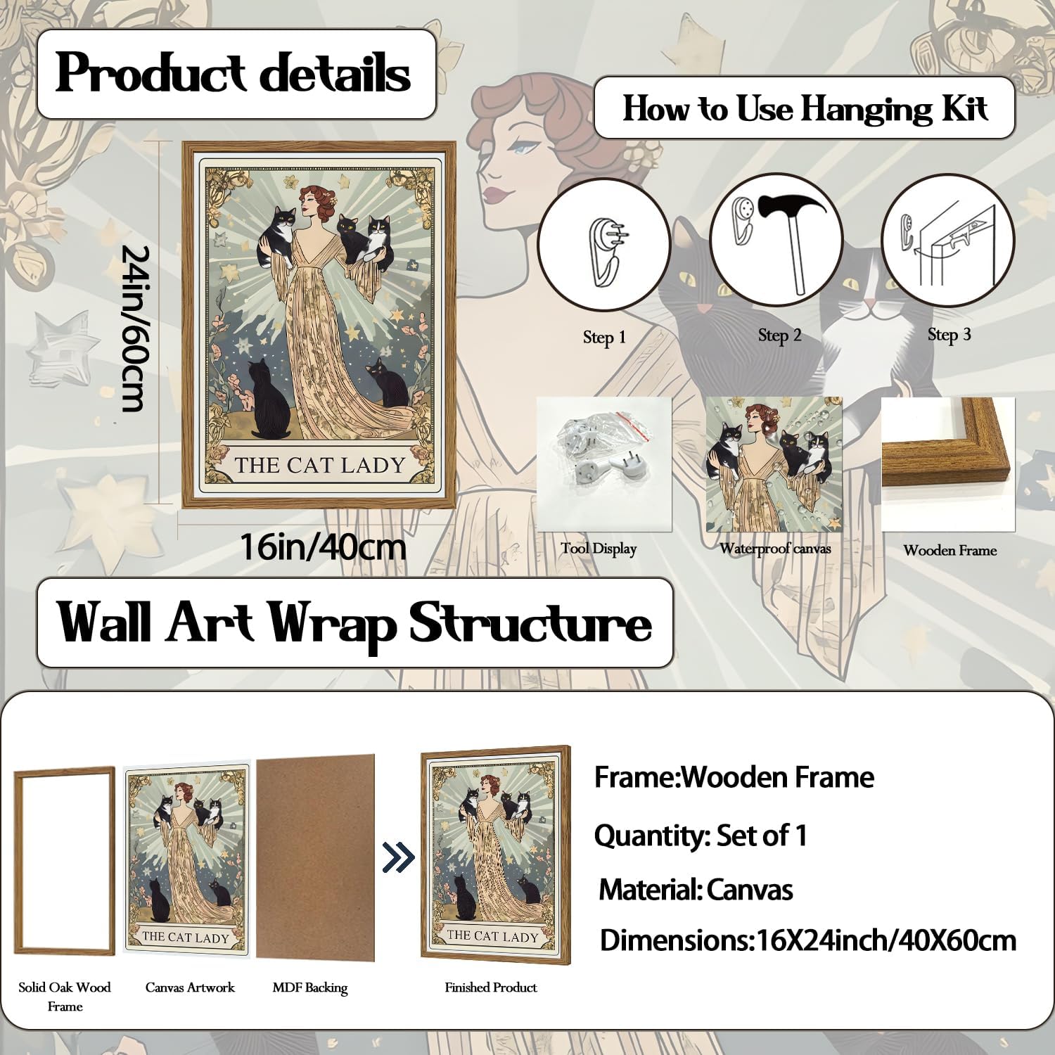 Funny Black Cat Lady Tarot Wall Art Vintage Cat Woman Picture Decor Cute Animal with Girl Poster Painting Canvas Print for Bedroom Living Room 16x24 inch Wood Framed