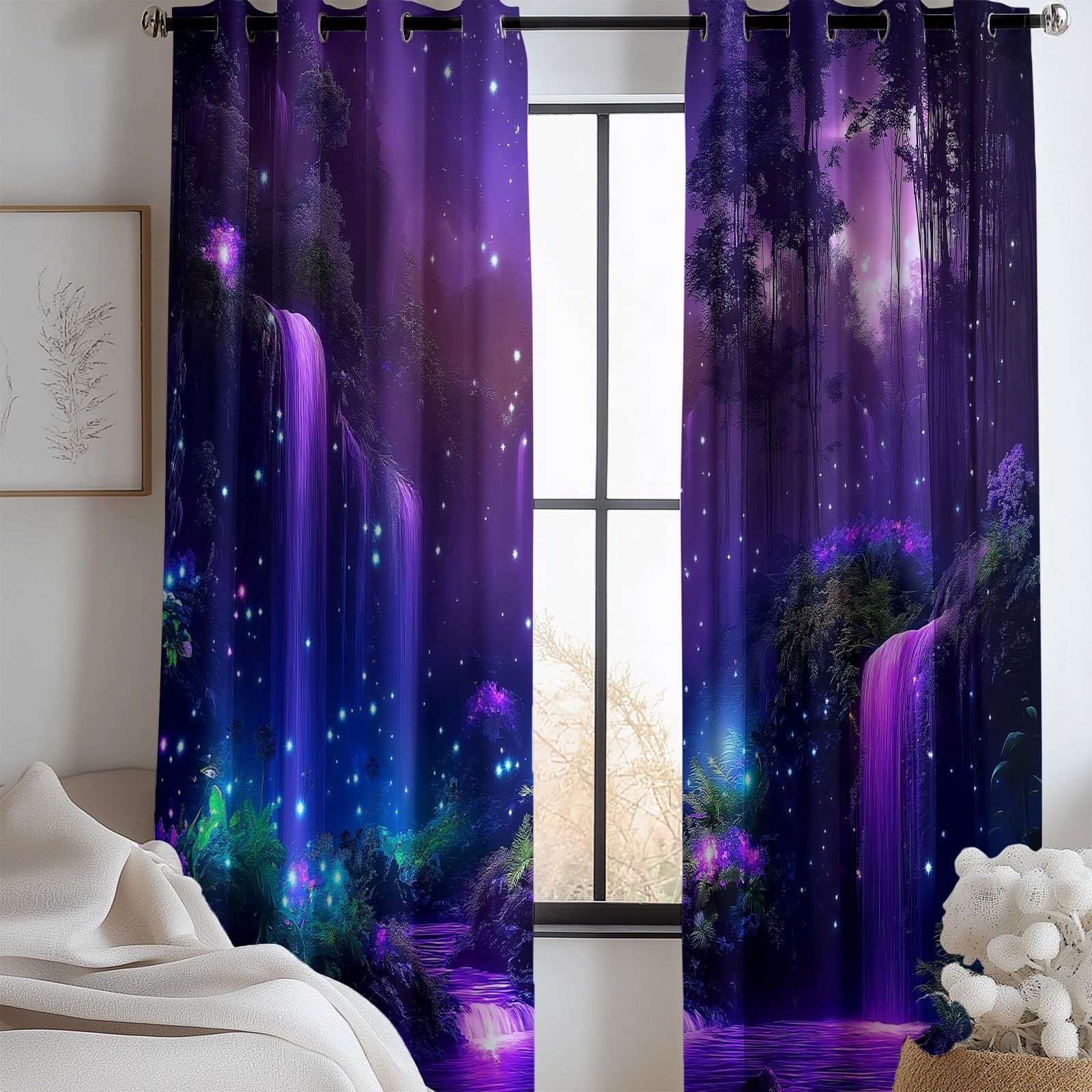 Poliestrowa zasłona zaciemniająca magiczny i jasny las nowoczesne draperie do salonu sypialnia dziecięca, zasłony kuchenne z izolacją termiczną odporne na zimno z oczkami fioletowe 2 panele 140 x 245