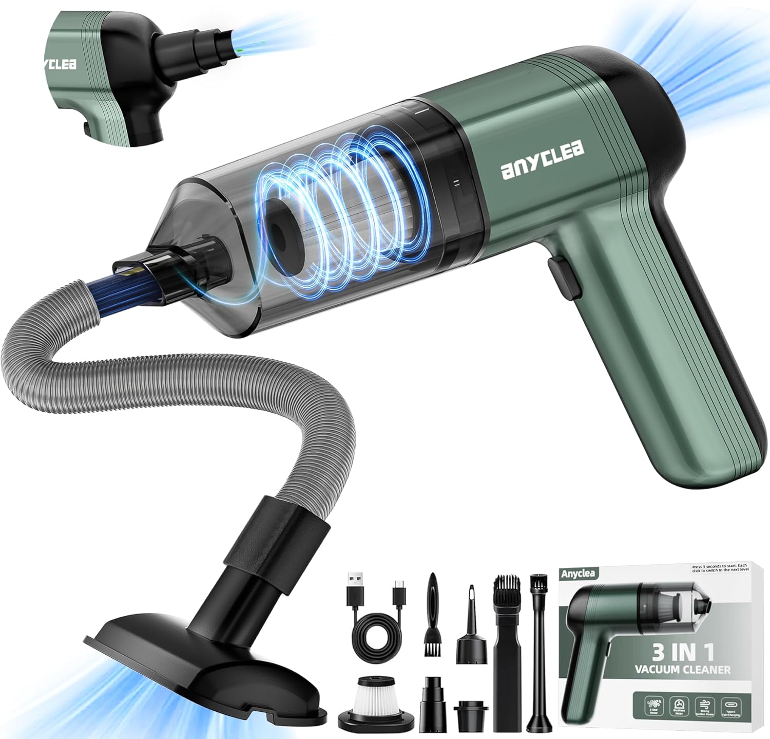 Aspiradora portátil 3 en 1 para automóvil, inalámbrica, succión fuerte de 12000 PA, 2 modos de succión, recargable con tipo C, aspiradora de mano