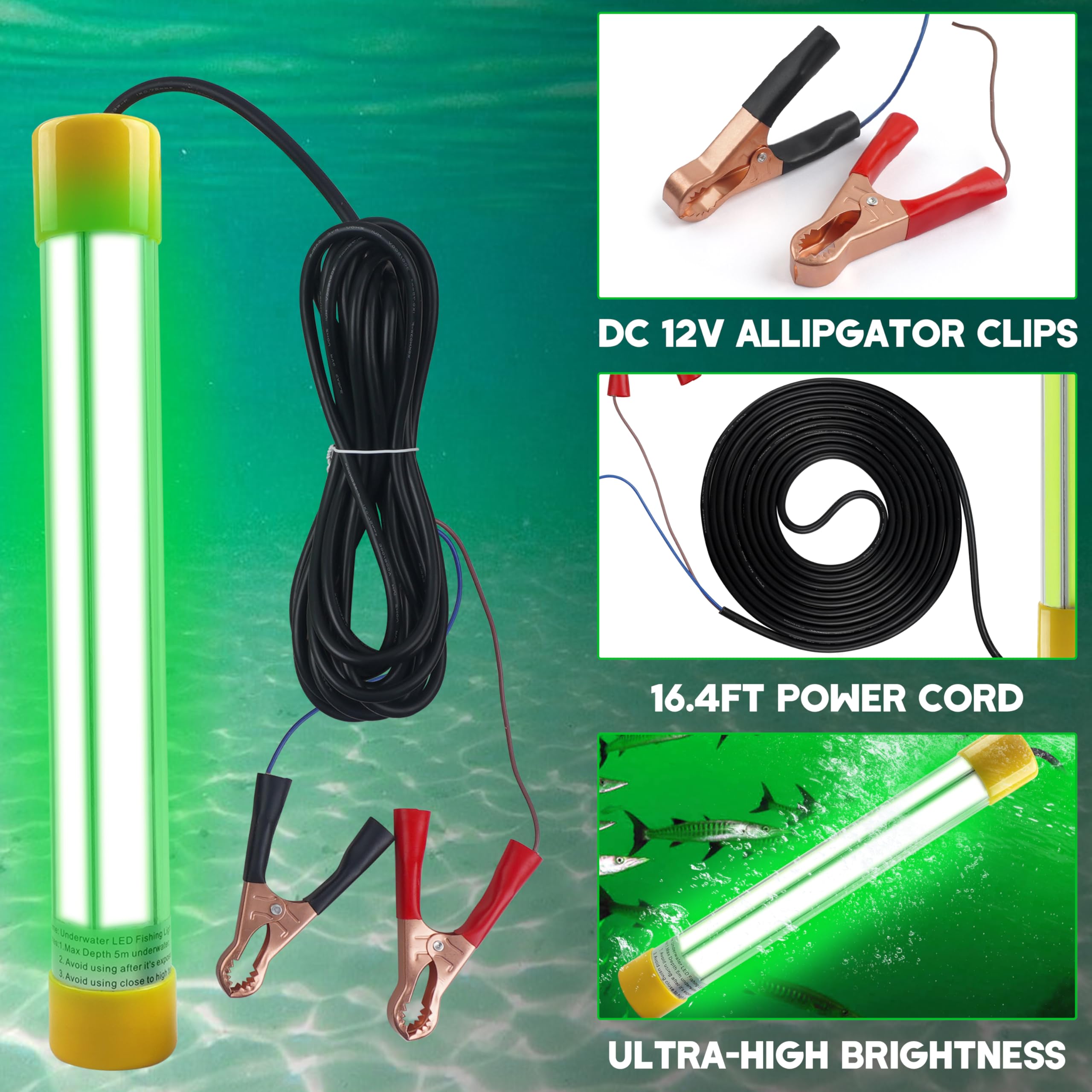 Underwater Fishing Light 30000 Lumens 12V 50W LED Submersible Fishing Light Green Night Fish Attracting Light Waterproof Fishing Bait Finder Attractants Boat Lamp for Squid Shrimp Snook Crappie