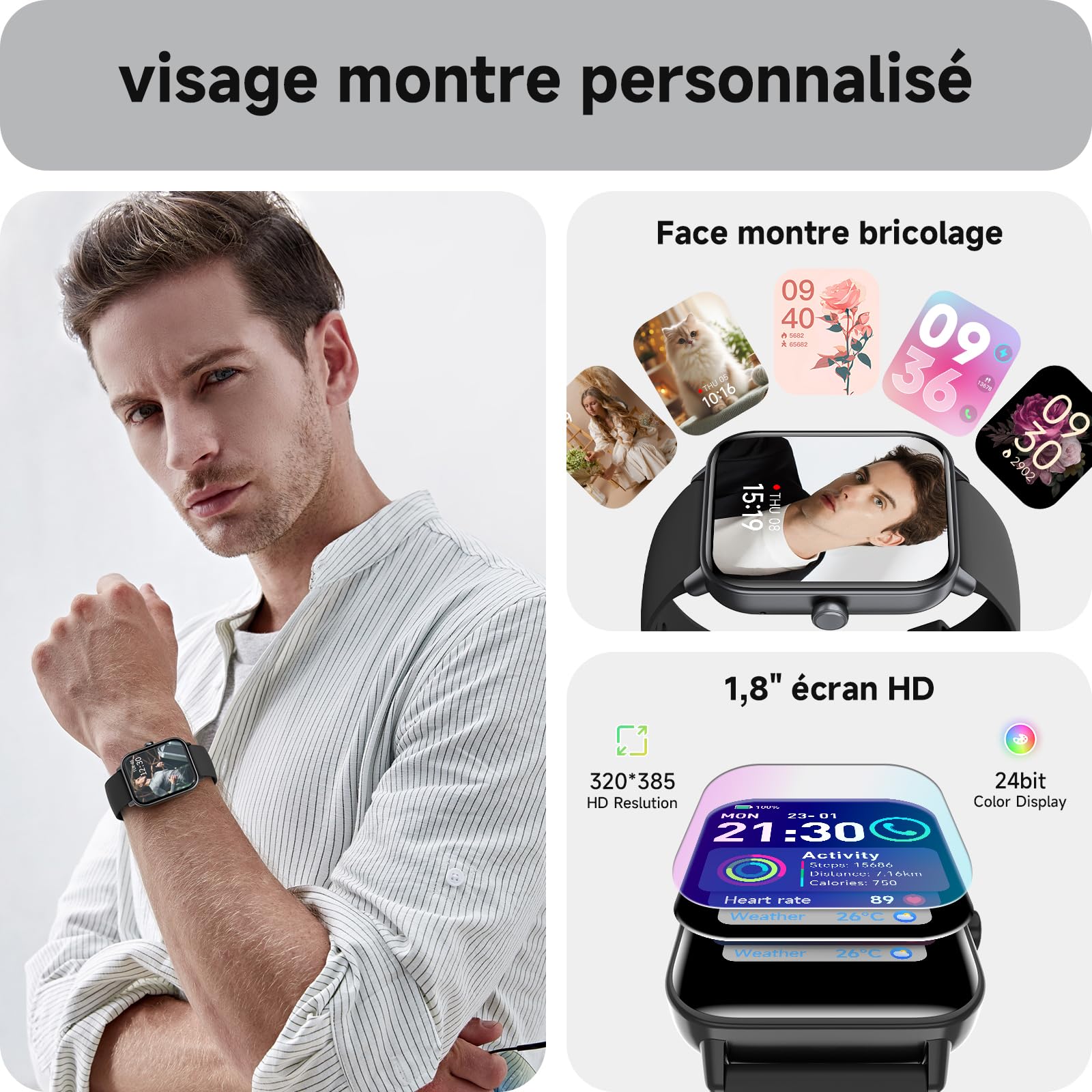 Montre Connectée Homme Femme avec Appel Bluetooth,1,85" Smartwatch avec Moniteur de Fréquence Cardiaque Sommeil,Montre de Sport 120+ Modes Podomètre Fitness Tracker,Montres pour Samsung/Android/iOS
