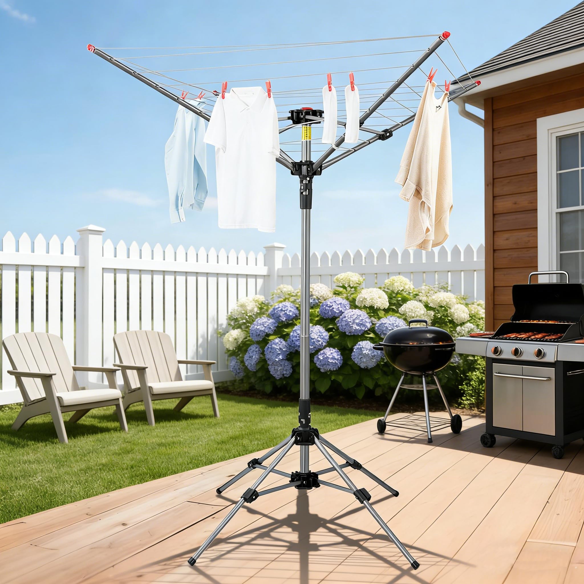 Clothesline Tragbarer Regenschirm-Trockenständer für den Innen- und Außenbereich, Stabiler Vierbeinsockel, drehbarer Wäscheständer, 25 m, zusammenklappbare Wäscheleine für Camping und Hinterhof, 24