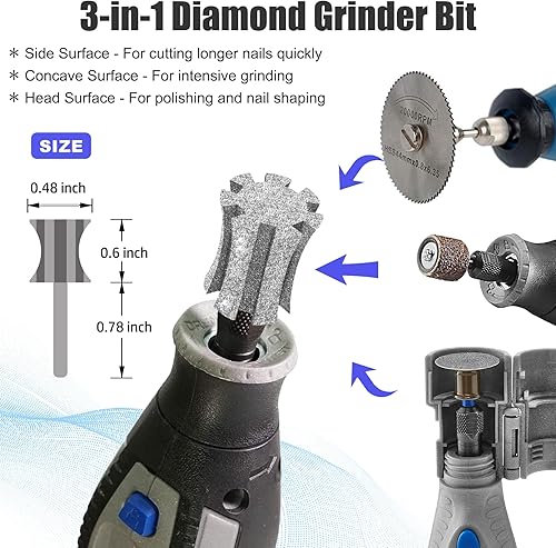 Miniatura 3 de LENONG Molinillo de uñas giratorio 3 en 1 de diamante con puntas de sierra, para herramienta rotativa, para gato, perro, garra, aseo  Cabezal de