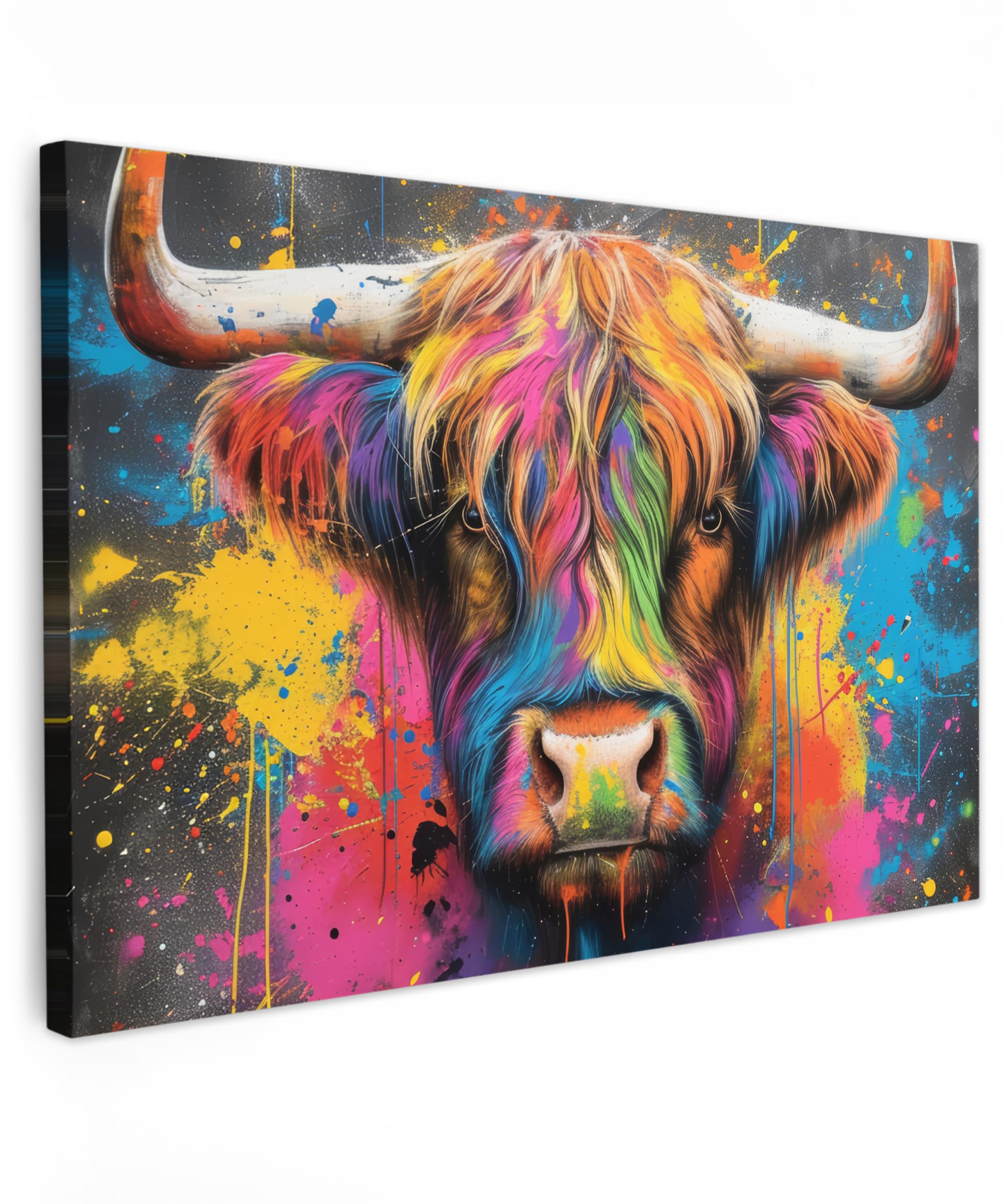 MuchoWow© Bild auf Leinwand Groß 120x80 cm XXL Schlafzimmer Bilder Badezimmer Wand Deko Wohnzimmer Modern Wanddeko Bilderwand Geschenk Graffiti - Schottische Hochlandrind - Kuh - Farbenfroh