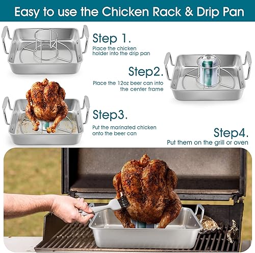 Miniatura 3 de TeamFar Sartén para asar con soporte para latas de cerveza, pollo, bandeja de goteo de acero inoxidable con soporte vertical para parrilla, horno,