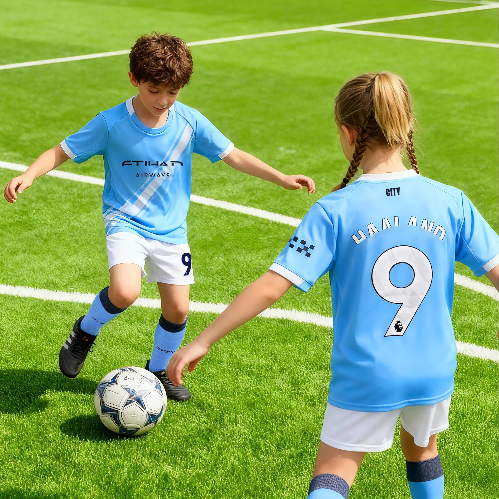 Camiseta de fútbol para niños, camiseta de fútbol con camiseta, pantalones cortos, calcetines y rodilleras, camiseta para niños y niñas