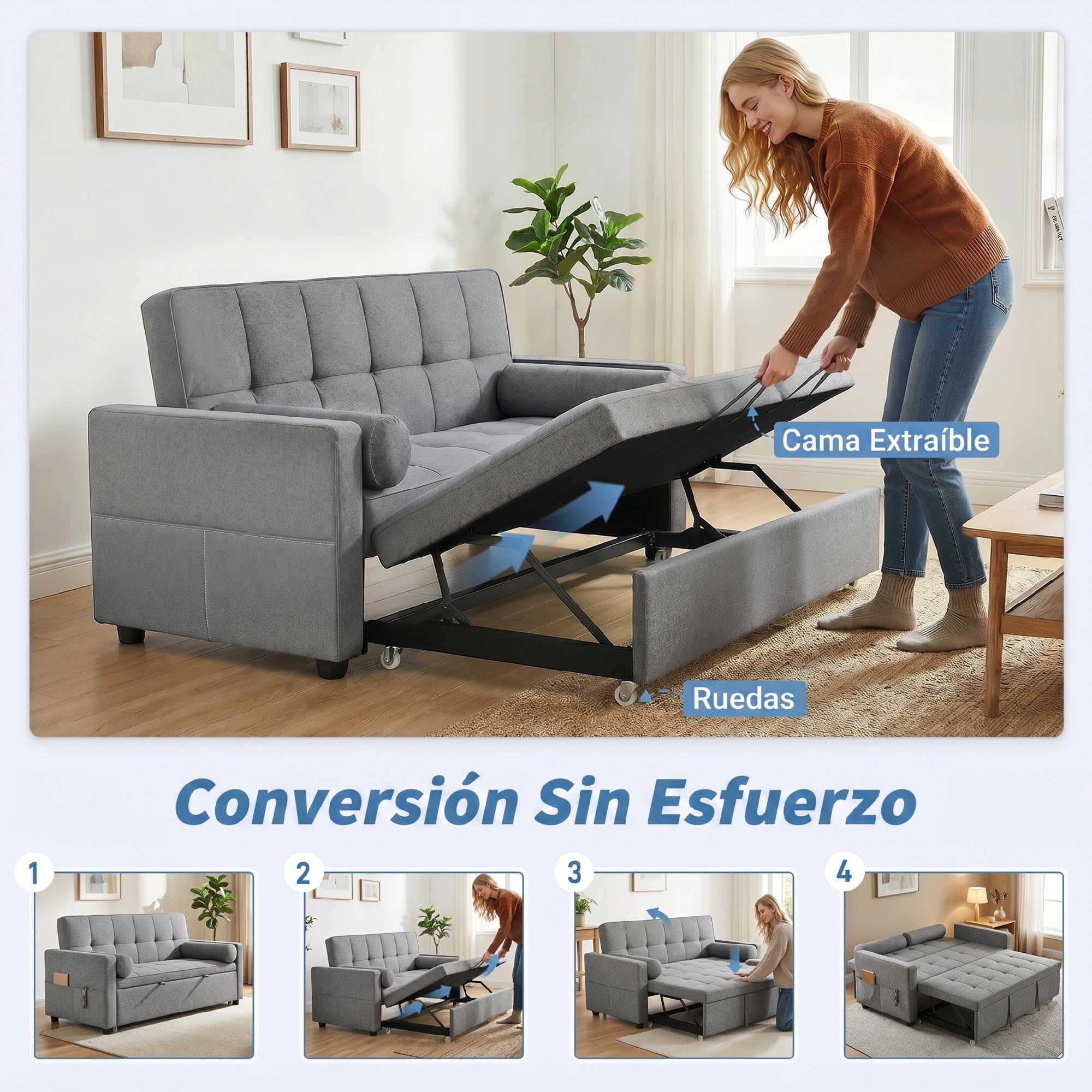 HOMCOM Sofá Cama 2 Plazas 3 en 1 con Respaldo Ajustable 6 Niveles Gris | Sofá Cama Deslizante, Tejido Lino, Bolsillos Laterales, 2 Cojines Fundas Extraíbles, para Sala de Estar, Espacios Pequeños