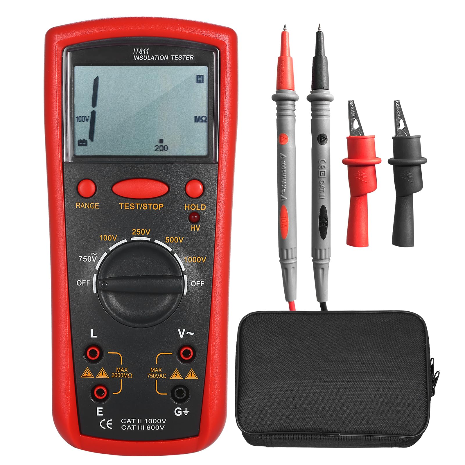 Fafeicy Tester Digitale Per La Resistenza Di Isolamento 100 V 250 V 500 1000 Megaohmmetro a Gamma Automatica 0,1 MΩ-2000 MΩ Rilevamento Tensione CA Display LCD con Custodia
