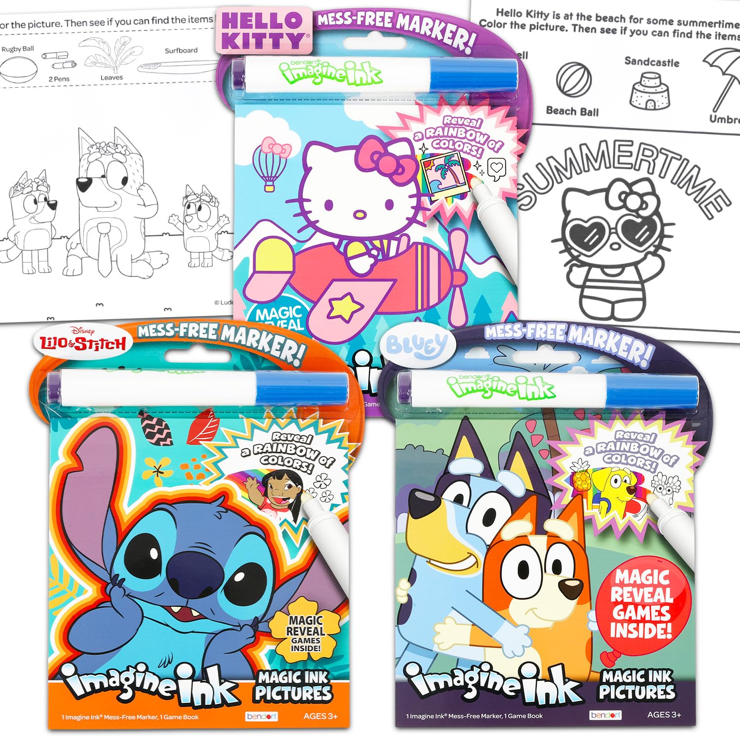 Disney Mess Free Coloring Book Set Kids Toddlers - Bundle with 3 Hello Kitty, Stitch, and Bluey No Mess Imagine Ink Coloring Books with Invisible Ink Pens | Mess-Free Activities for Girls
