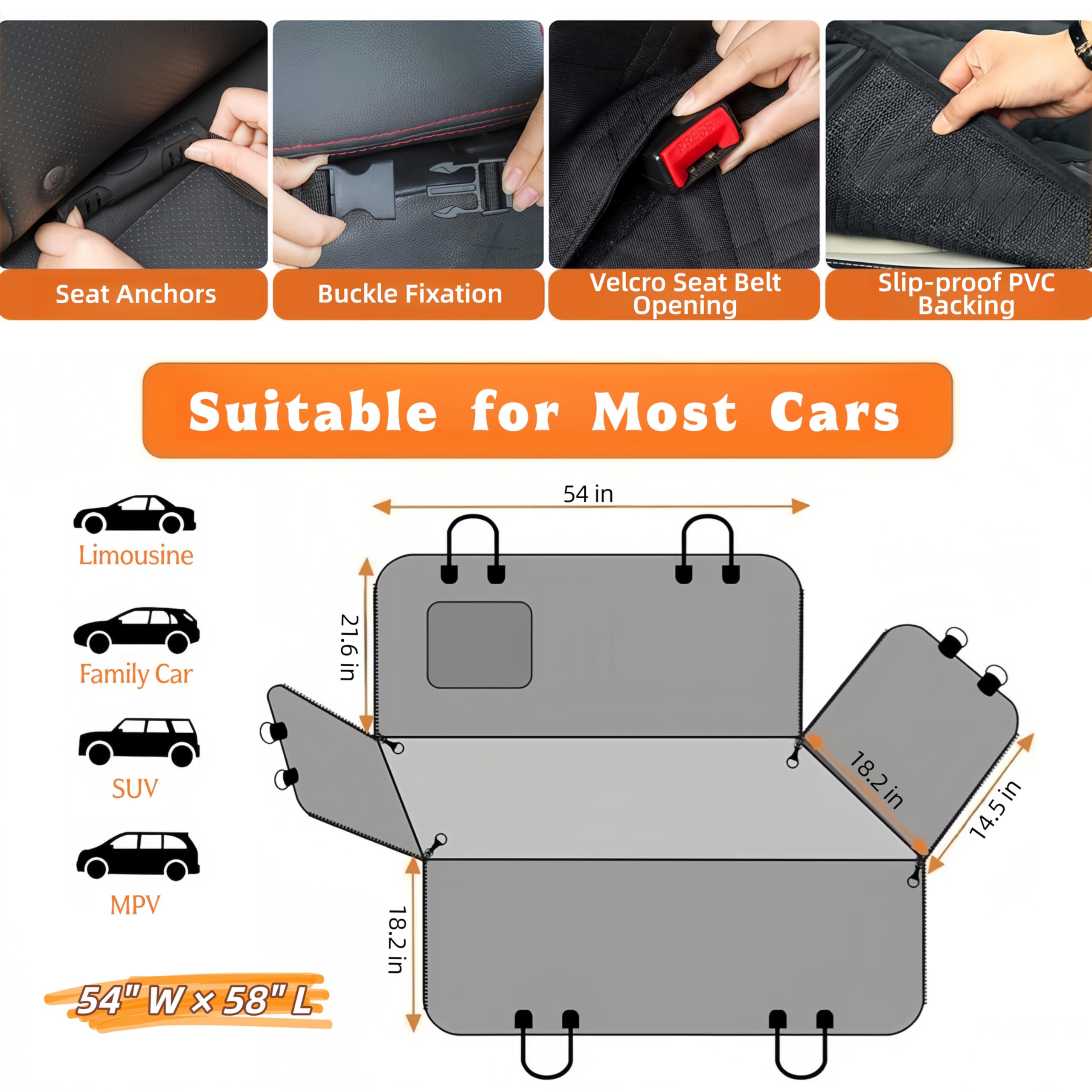 Dog Car Seat Cover for Back Seat,Heavy Duty Dog Hammock for Car with Side Flap,100% Waterproof Pet Backseat Cover, Anti-Scratch Nonslip Pet Seat Protector for Cars Trucks and SUV (Black with Orange) - image 2