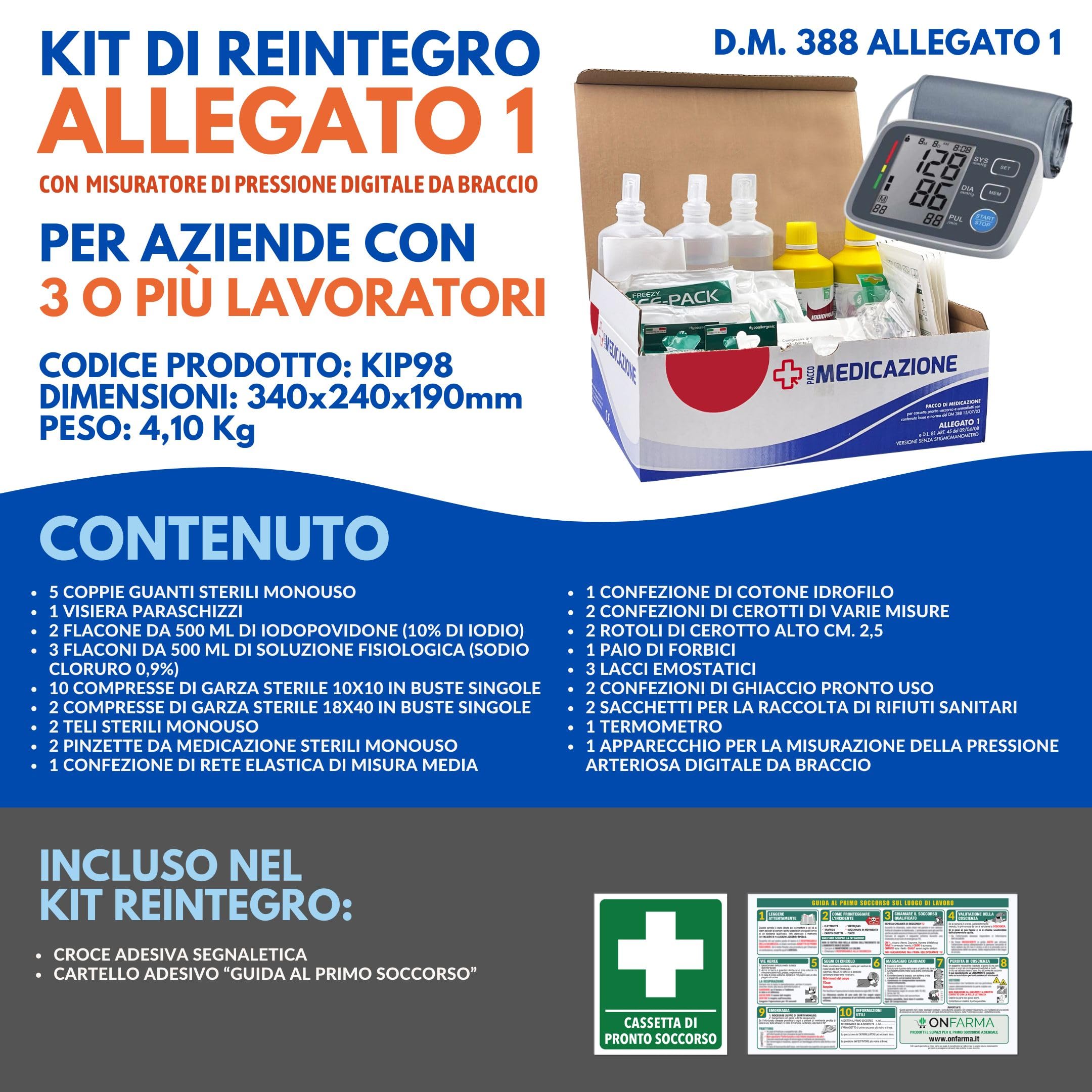 ONFARMA KIT REINTEGRO DIGIT BRACCIO pacchetto ricambio per cassetta medica di pronto soccorso con MISURATORE DI PRESSIONE DIGITALE DA BRACCIO e CARTELLO per aziende con 3 o più lavoratori
