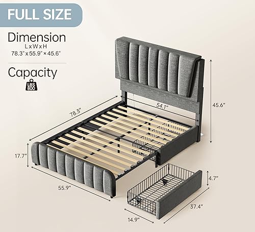 Miniatura 2 de Base de cama matrimonial con 2 cajones de almacenamiento, cama moderna de lino con cabecera tapizada, marco de cama con cabecera tapizada ajustable