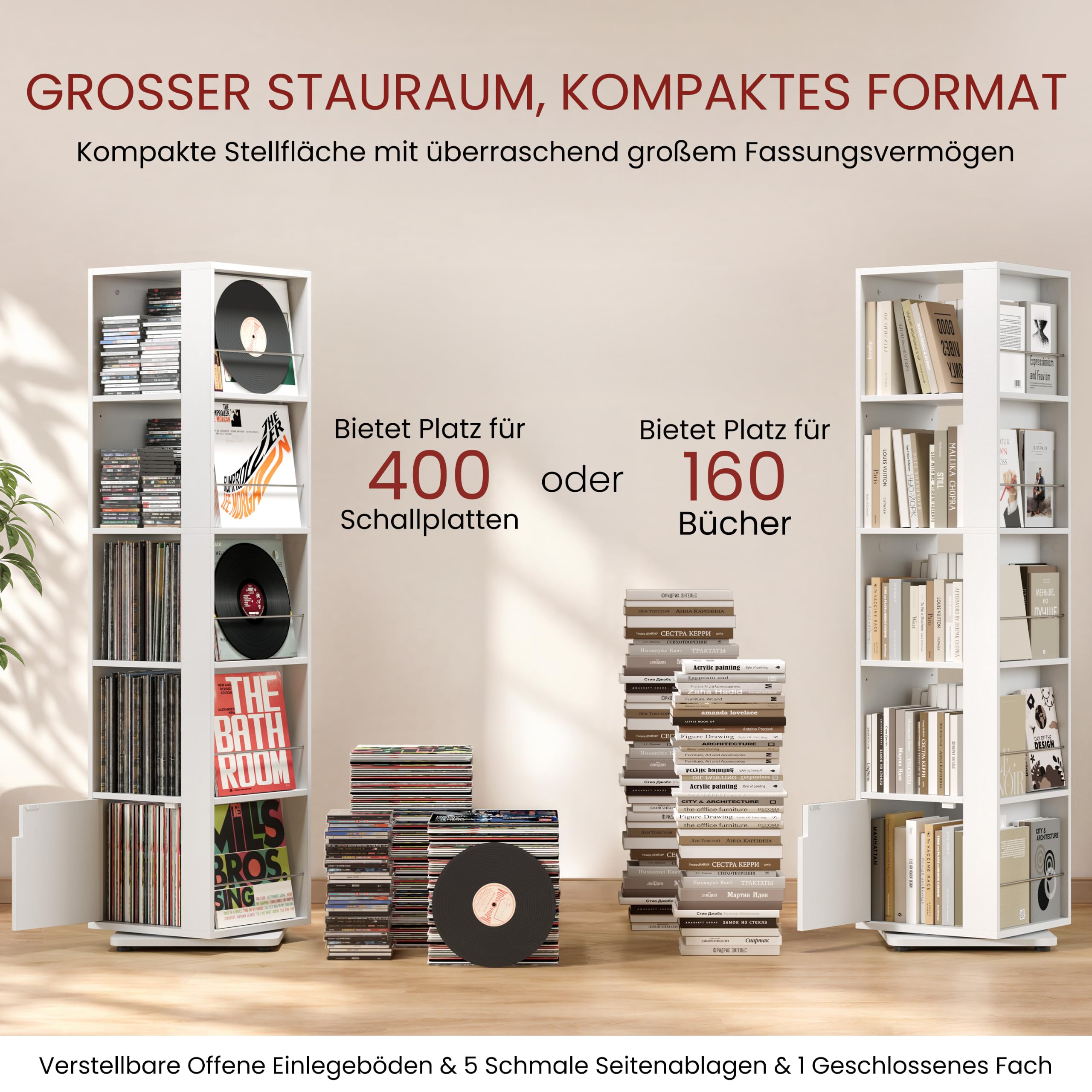 Yaheetech 5 Ebenen Drehbares Bücherregal 360 Grad, 20 Fächer Standregal, 42 × 42 × 169 cm, Drehregal Dekoregal Lagerregal mit Verstellbaren Einlegeböden, für Wohnzimmer, Schlafzimmer, Büro (Weiß)