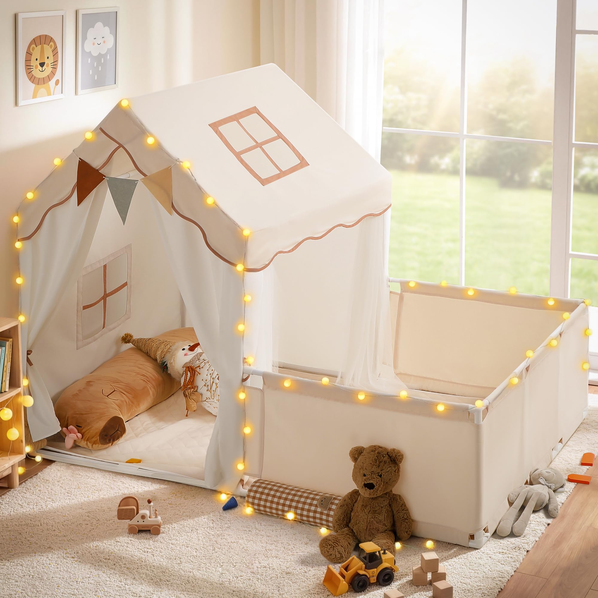 besrey 2-in-1 Kids Play House Tent for Girls & Boys – Indoor Toddler Tent with Pad, Children Tents for Kids & Toddlers, Large Bed Tents, Princess Playhouse with 2 Doors with fence