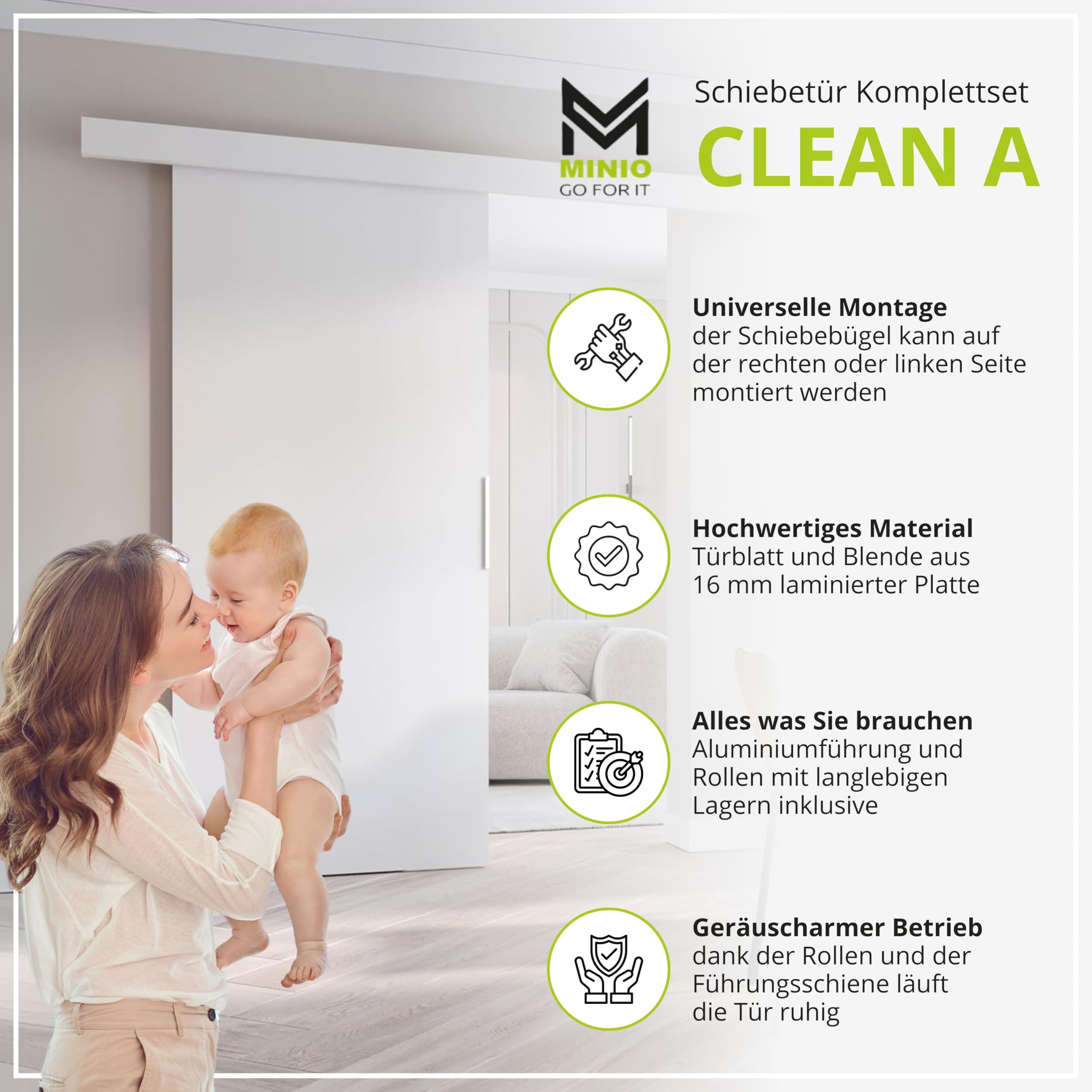 MINIO go for it - Schiebetür Komplettset CLEAN A Schiebetüren 106 cm Breit | Wandmontage, Schiebetürsystem, Zimmertüren - Wotan Eiche / Schwarz