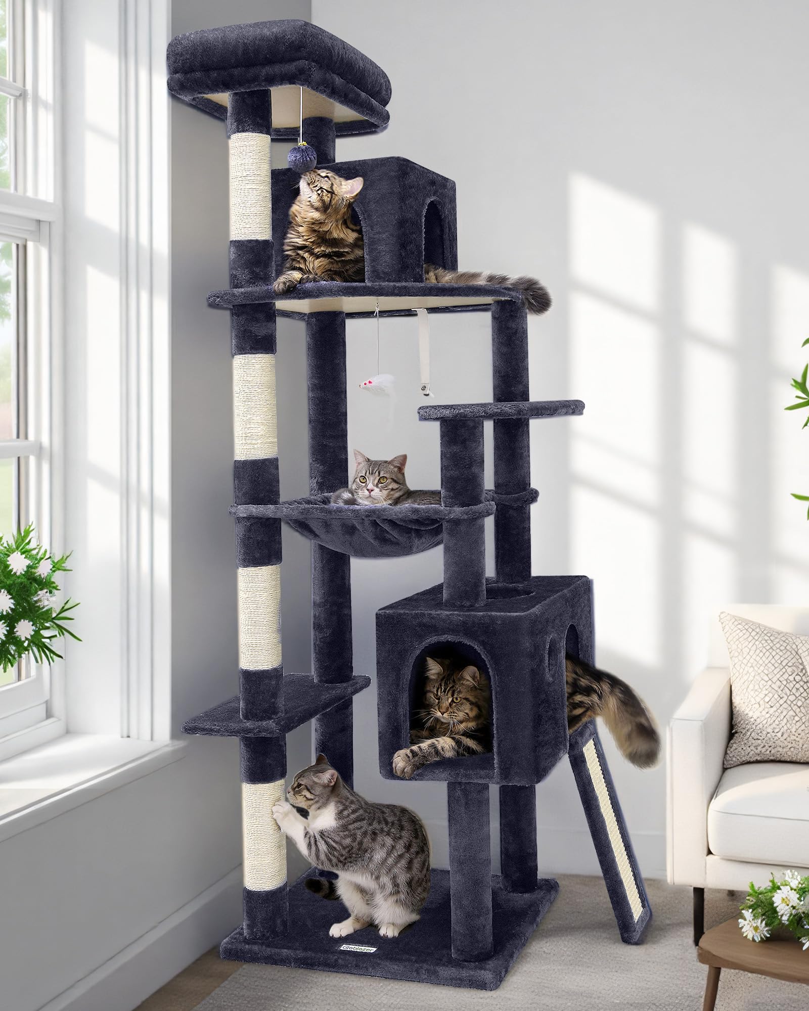 Globlazer Heavy Duty Cat Tree, 70 inch Sturdy Cat Tree for Indoor Cats Extra Large Cat Tower with Scratching Post, Hammock, Cat Condo for Adult Cats Kittens, F70 Pro, Dark Grey