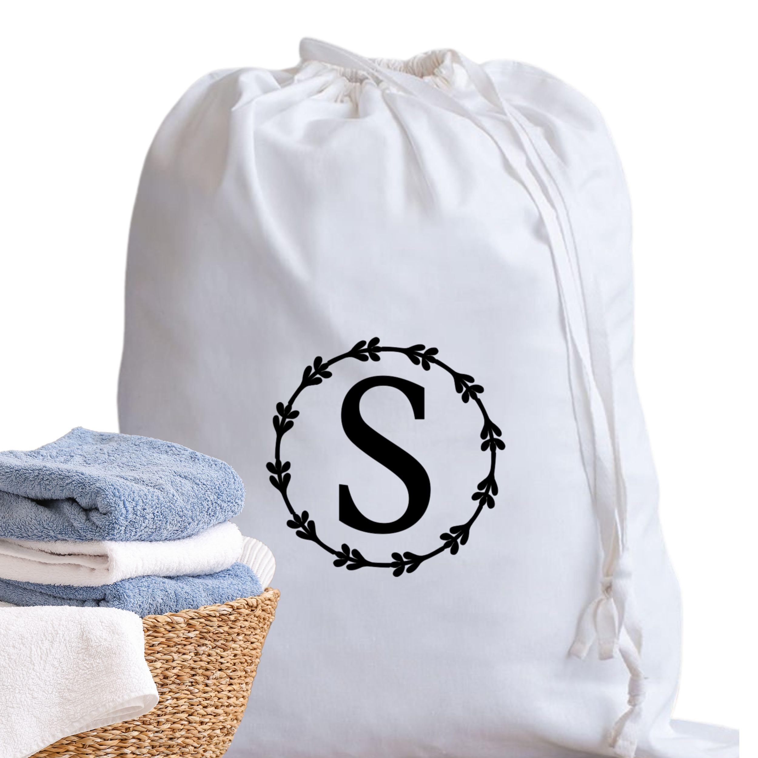 A-Z Cotton Laundry Bag Personalised Initial Gifts - Holiday Essentials Bathroom Accessory Dry Bag Drawstring Bags for Travel Camping University Essentials Personalised Gift Monogram S
