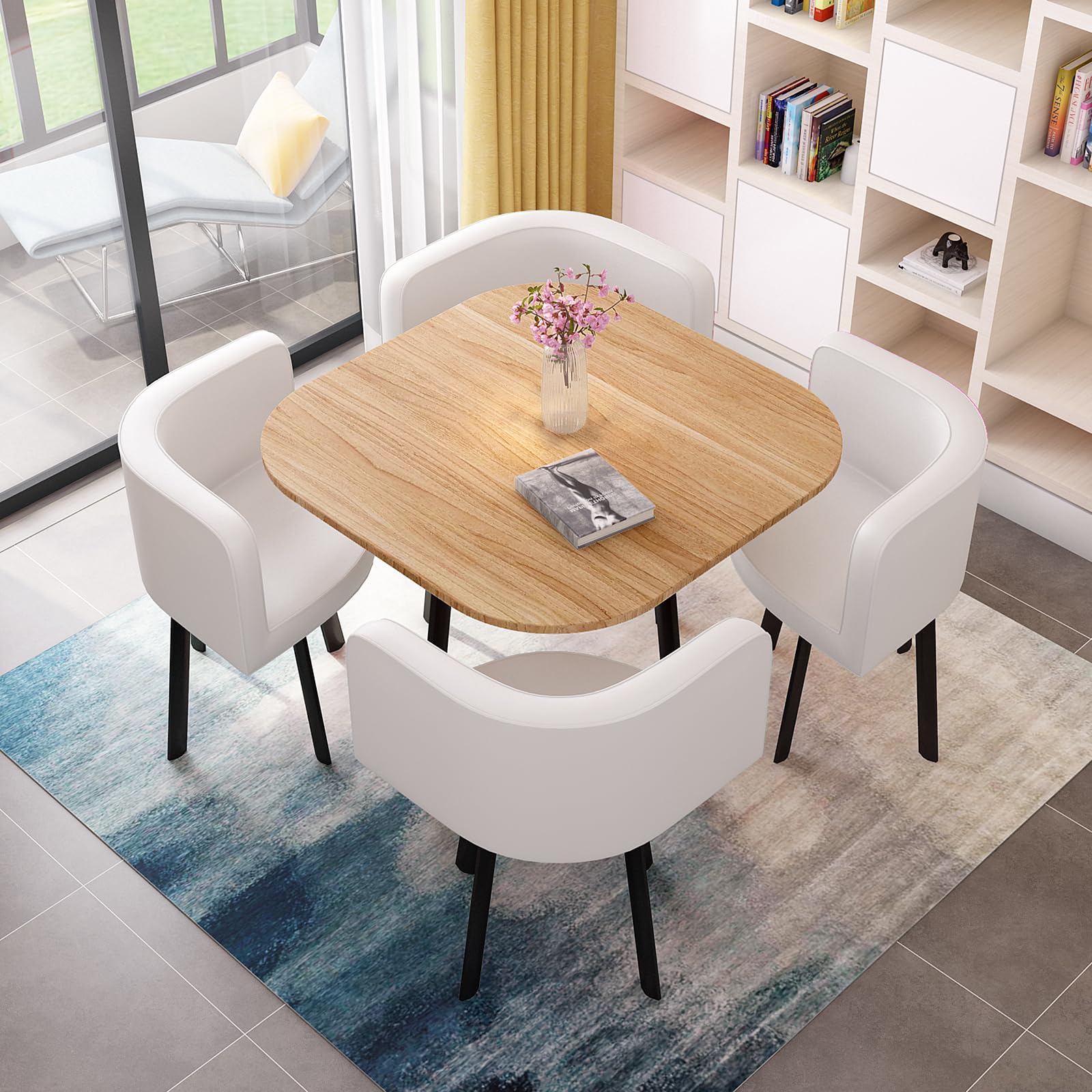 OLSKFUH Modern Round Dining Table Set With 4 Chairs For Business Meetings And Office Conference Small Round Coffee Table And Chair Combination Pu 6,Pu-18-80 * 80 * 73cm