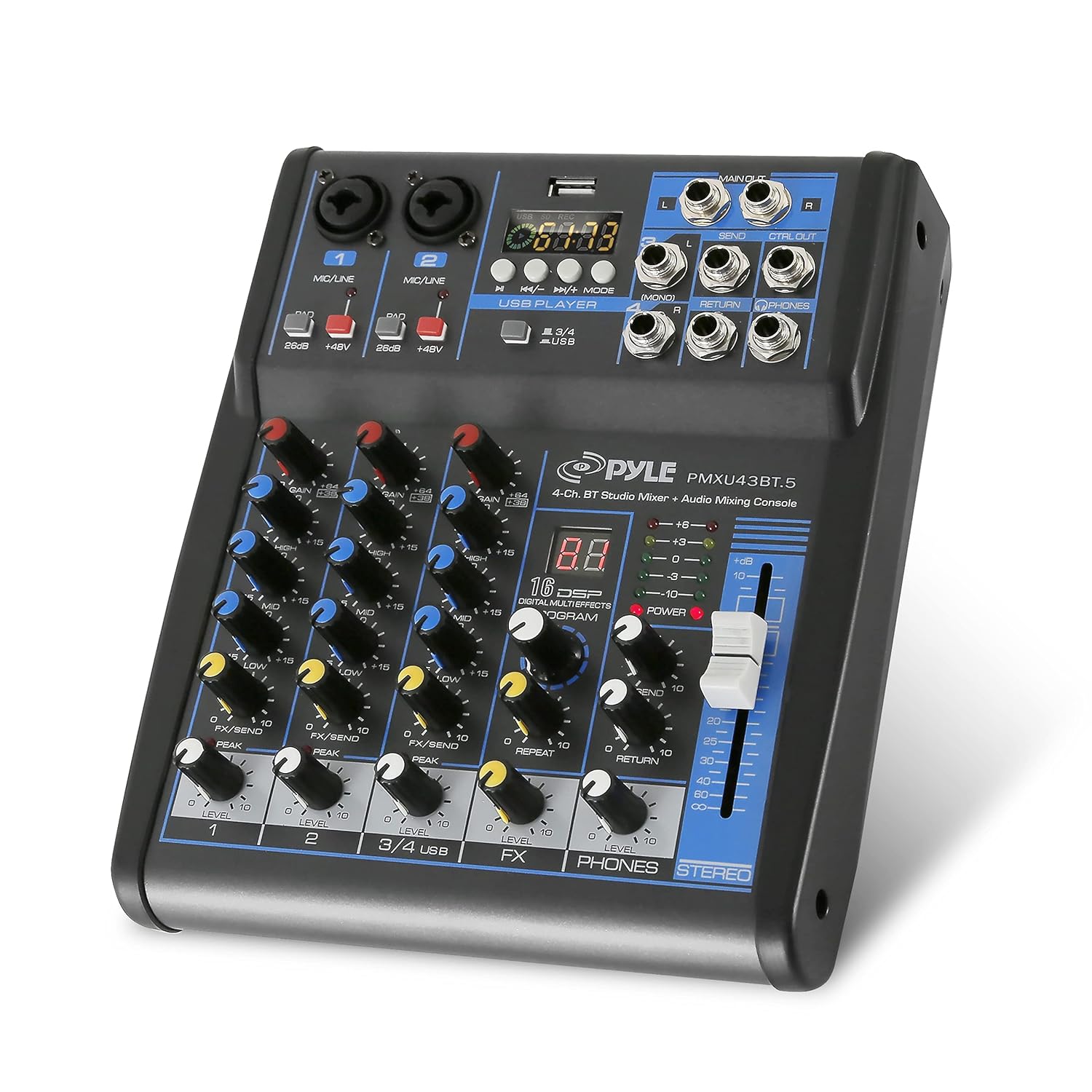 Pyle Professional Audio Mixer Sound Board Console System Interface 4 Channel Digital USB
