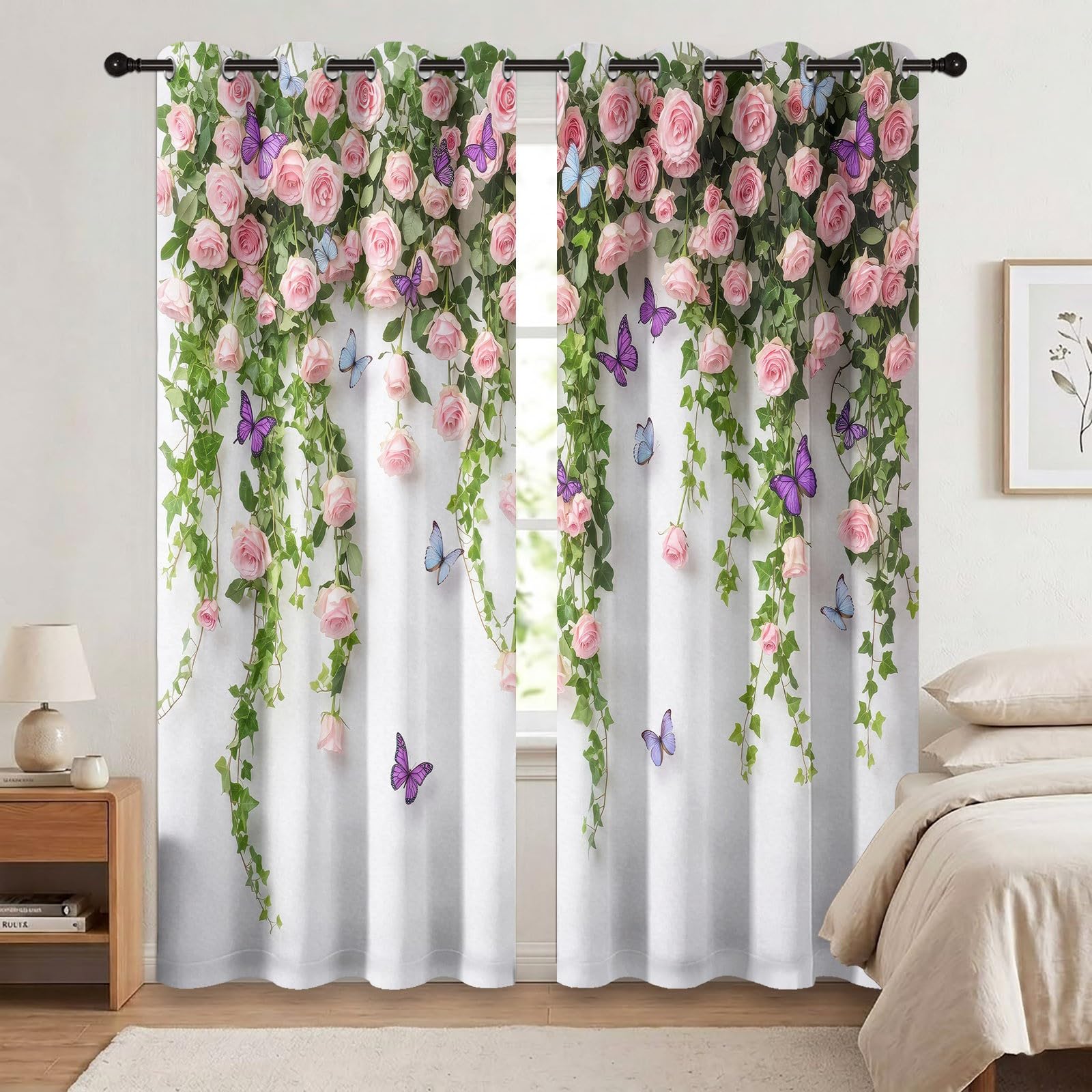 Rideaux Occultant Floral Animal, Rideaux Occultant Couronne De Fleurs Rustique Rideau Thermiques Isolant Anti Froid et Chaleur Rideau à Oeillets pour Chambre À Coucher, 2 PCS, 140L X 260H cm