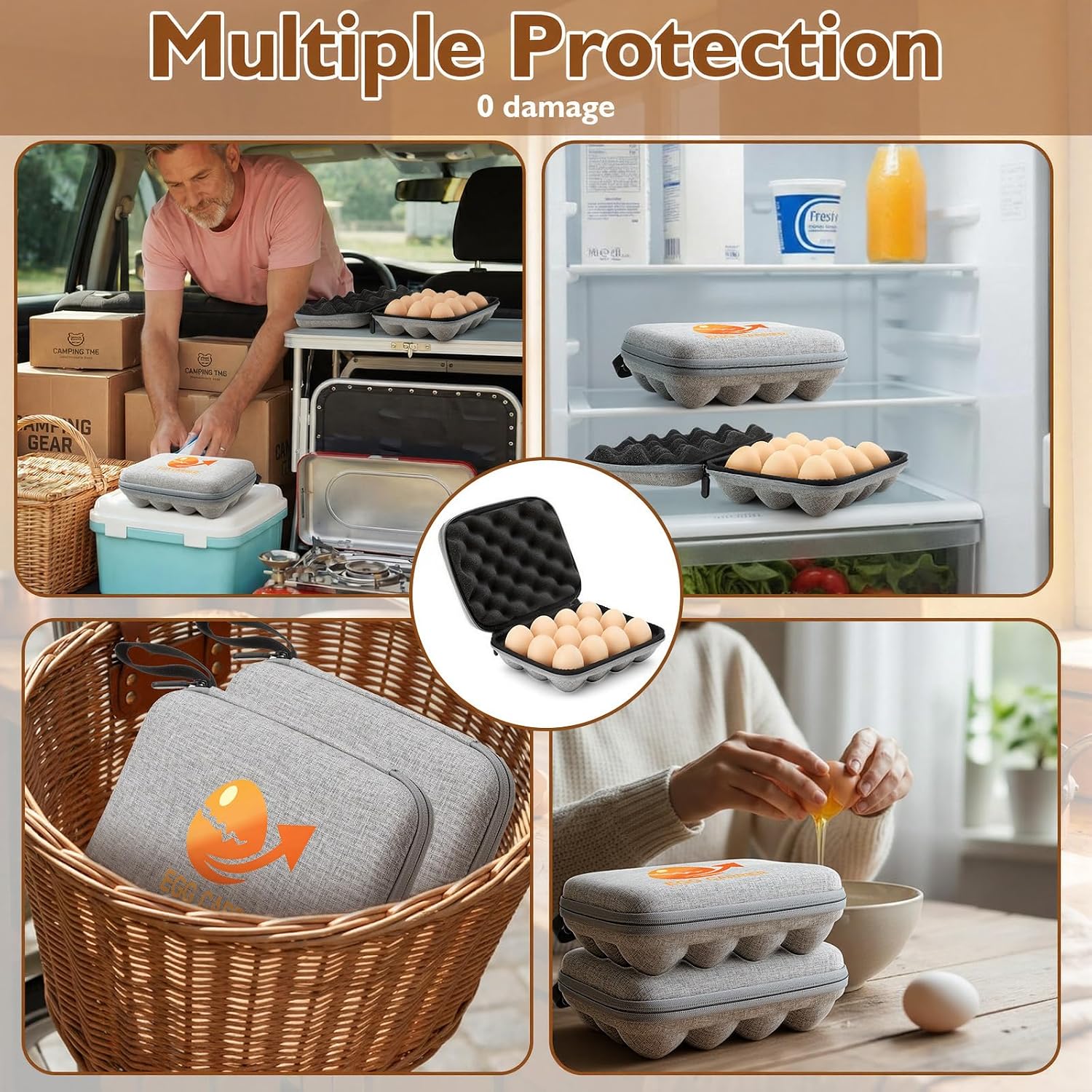 Geelin 2 Set 12 Slots Outdoor Egg Containers with Lid Deviled Egg Holder Camping Carrier with Handle Reusable Shockproof Eggs Cartons Storage Box Portable Protection for Picnic Travel Party(Grey)