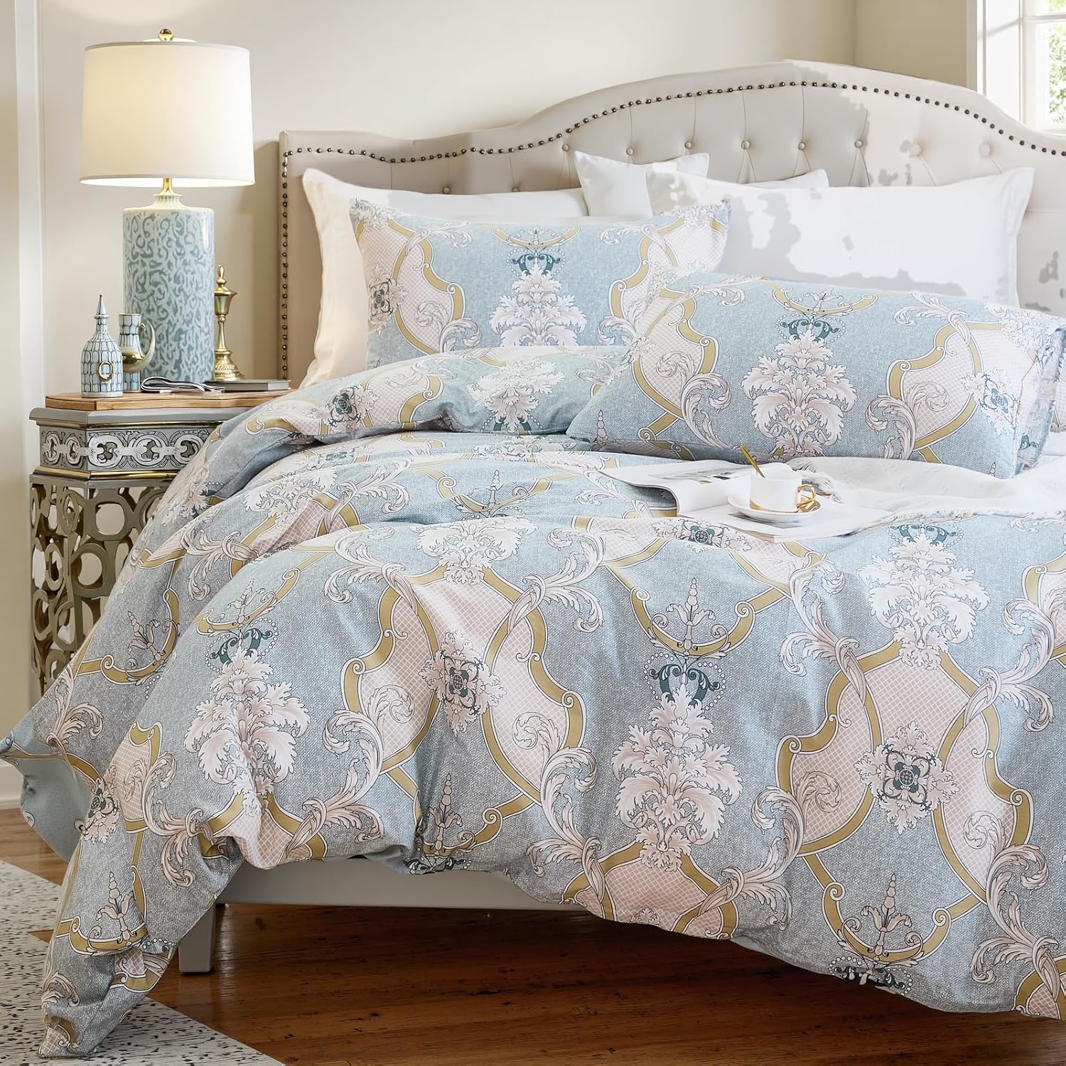 100% Natural Cotton Duvet Cover Set Queen 3 Pcs Grayish Blue Duvet Cover with Luxurious Damask Pattern, Reversible Breathable Soft Comforter Cover Sets with Zipper Closure All Season