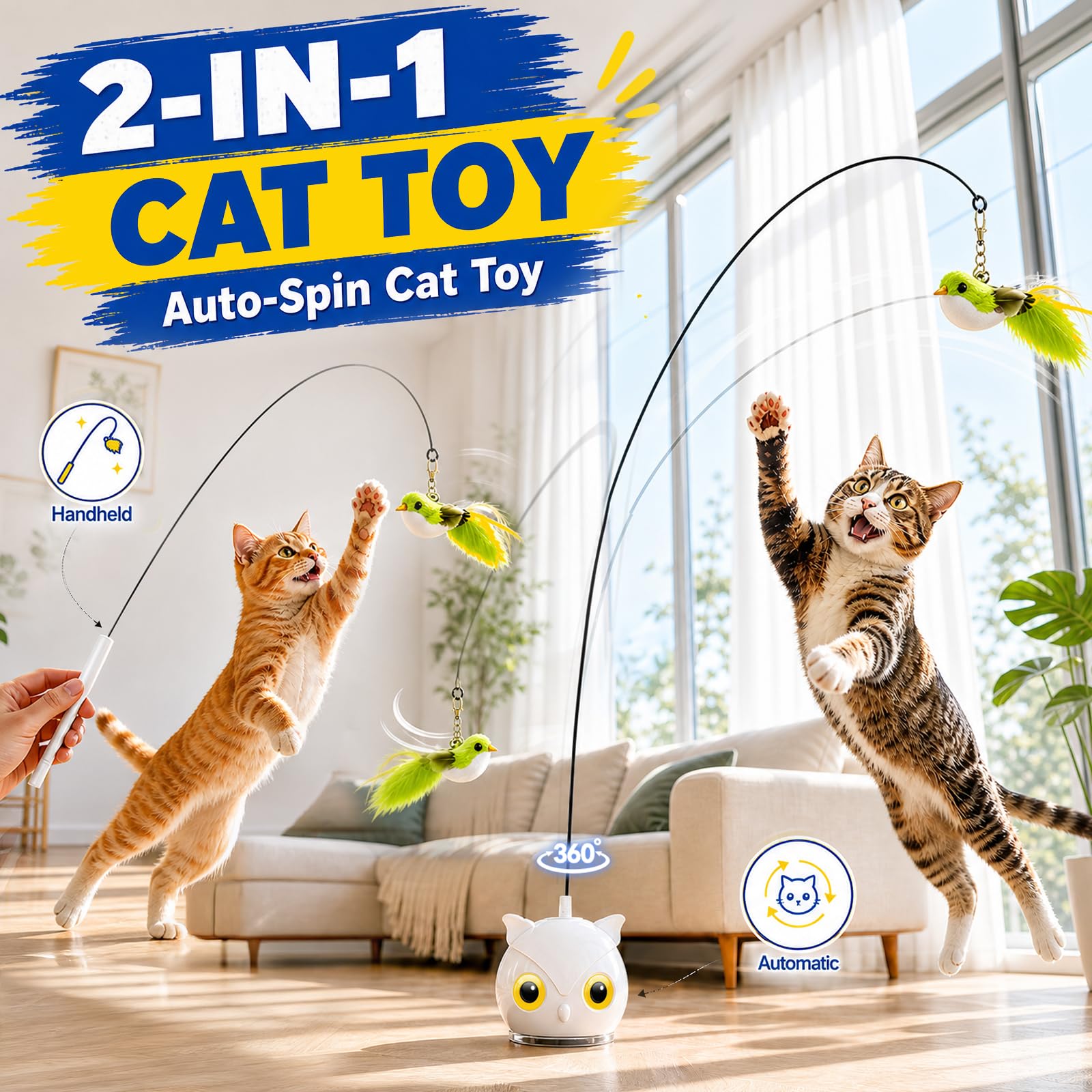 Jouets interactifs pour chats d'intérieur – Jouet automatique en plumes d'oiseau volant avec base d'aspiration adhésive, rechargeable par USB à 360 °, jouet auto-jeu pour chats ennuyeux