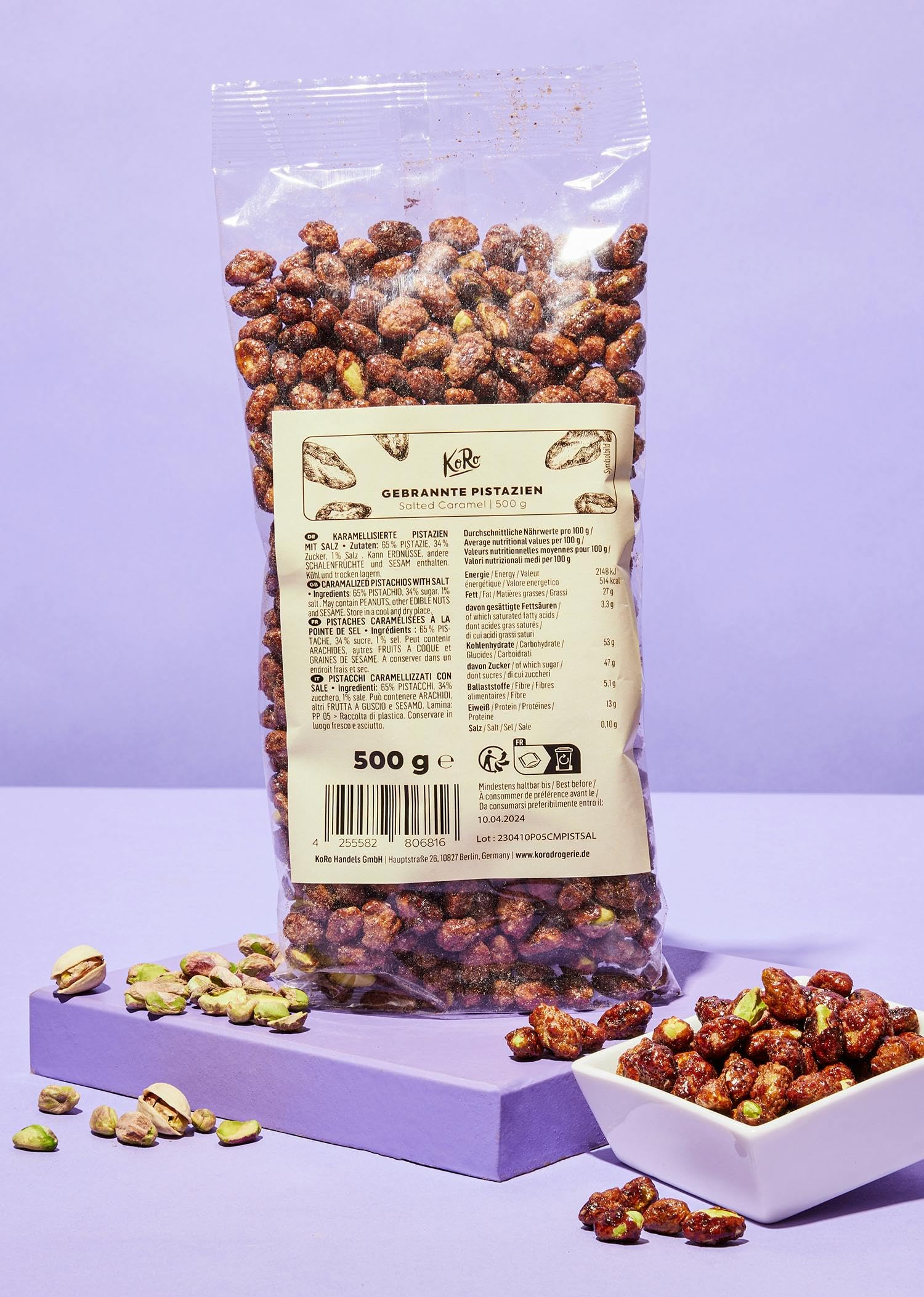 KoRo - Pistaches au caramel salé 500g - Pistaches grillées et caramélisées avec une pincée de sel - Combinaison de sucré et de salé - 500g vrac