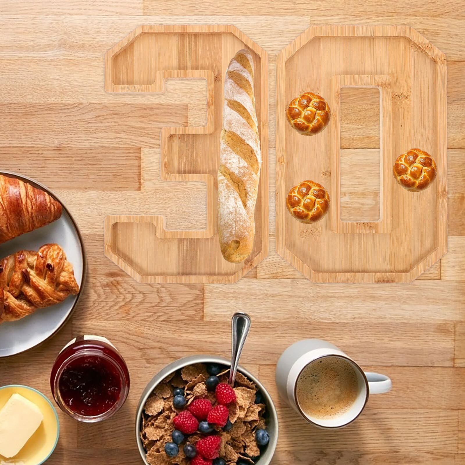 Bandeja de Madera Multifunción en Forma de Número 30, Plato Grande para Servir Frutas y Bocadillos, Bandeja Decorativa para Cocina y Reuniones Familiares