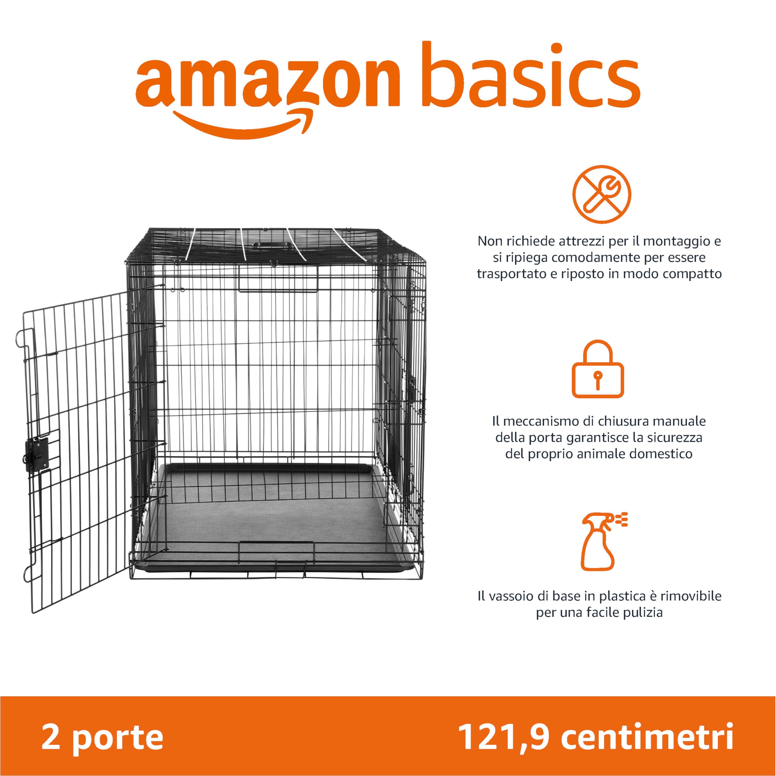 Amazon Basics Gabbia per cani in metallo, Pieghevole,Rimovibile, con vassoio di base e doppio sportello, Nero, 122 x 76.2 x 82.5 cm
