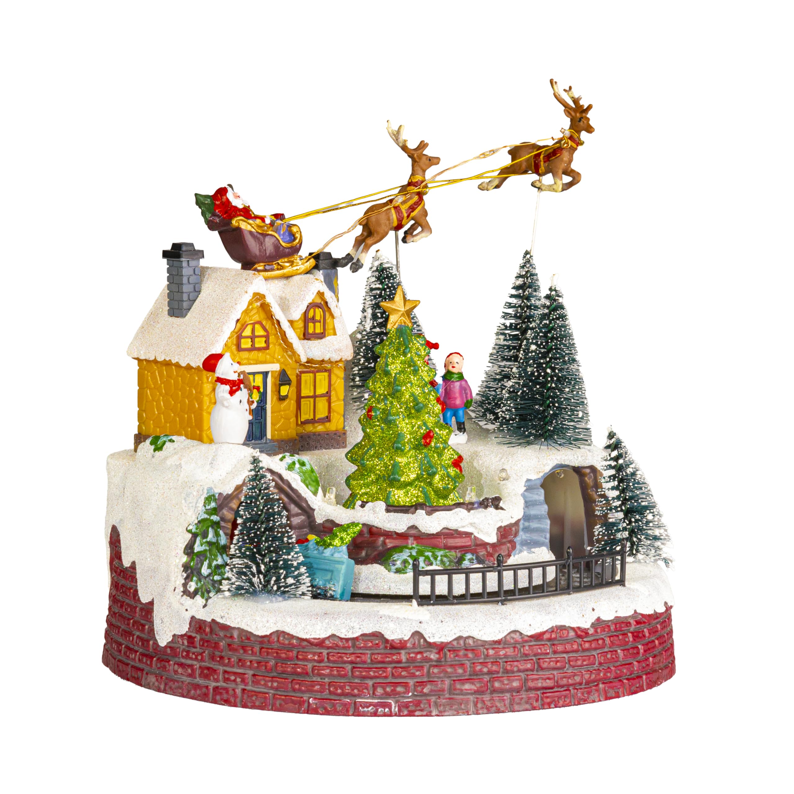 Marco Paul Christmas Decoration Musical Light Up Village Scene with Moving Train and Santa Sleigh - LED Santa & Reindeer Decoration, Polyresin Festive Ornament (Santa and Train)