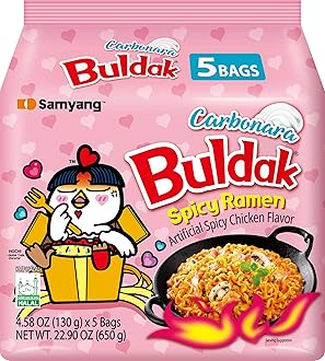 Buldak Korean Spicy Chicken Stir Fried Ramen Carbonara Flavor Super Hot Spicy Noodles Authentic Ramyun (Pack of 5)