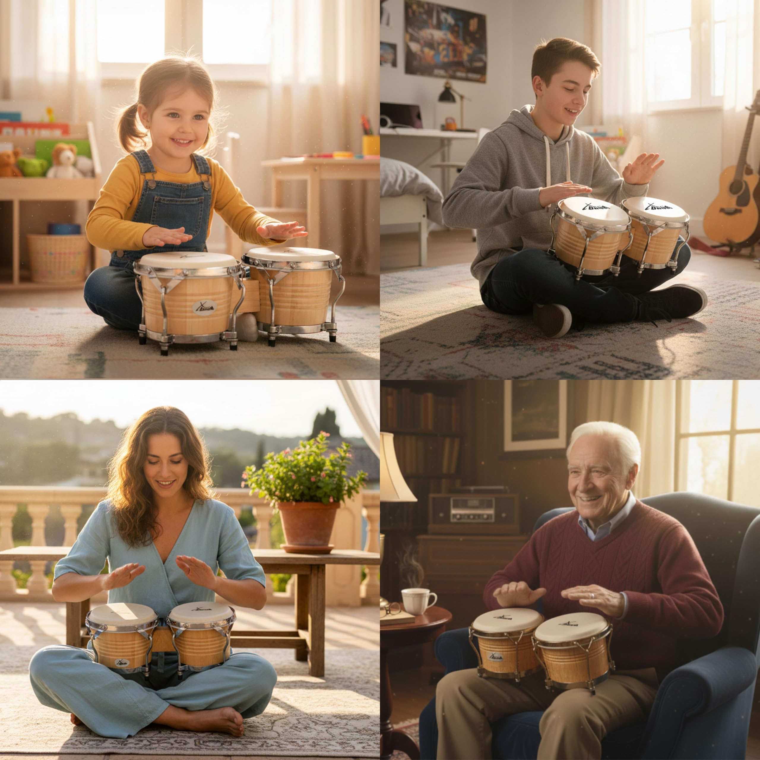 XDrum Bongos Pro Natur - 2 Trommeln mit 6,5" (17 cm) und 7,5" (20 cm) Durchmesser - Bongotrommeln mit stimmbaren Naturfellen, Stimmschlüssel und Ständer - Holztrommeln Naturfarben