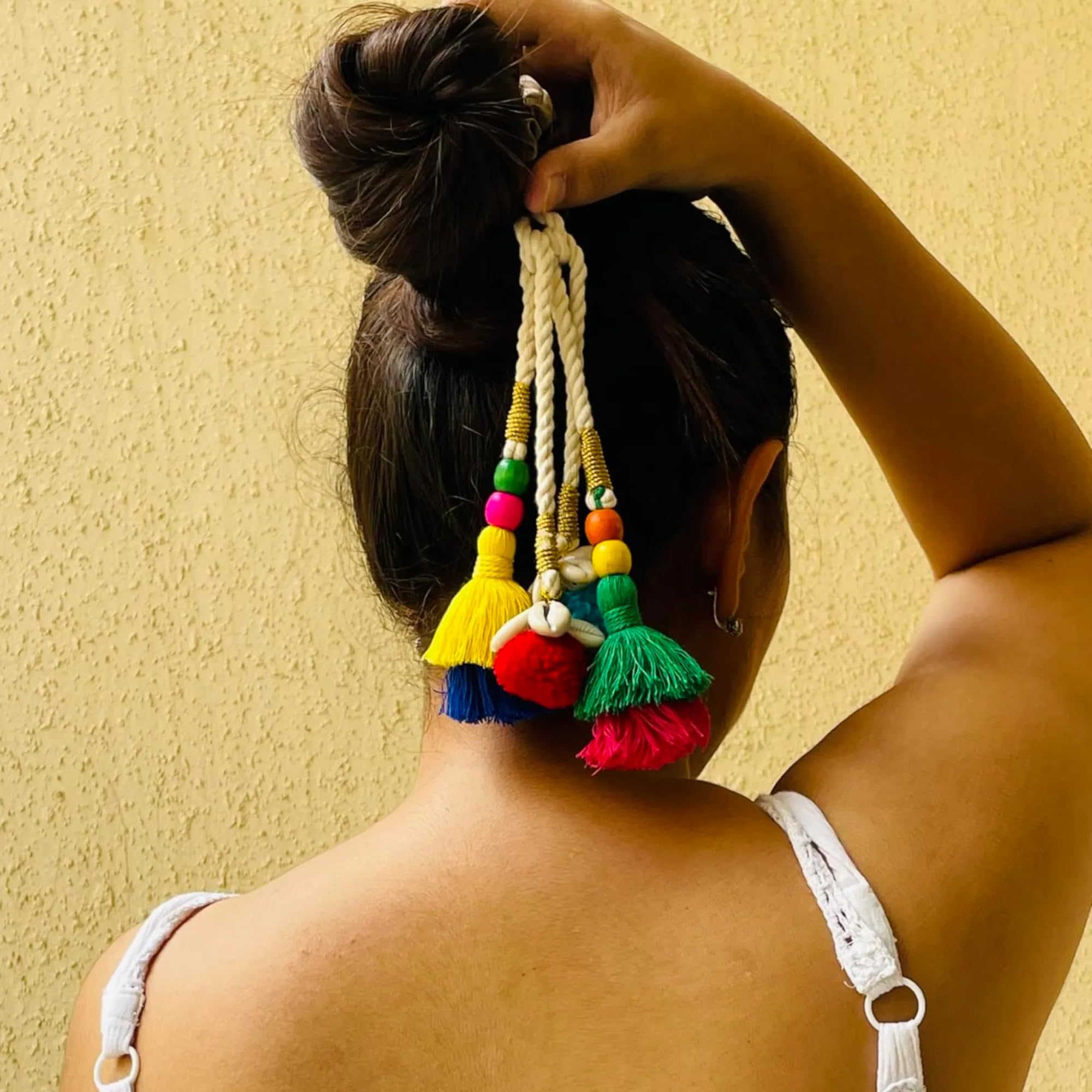 MILAPARK CRAFTS Boho Hair Scrunchie with Hanging Tassels, Pom-Poms & Cowrie Shells | Ethnic Decorative Hair Tie for Women & Girls | Perfect for Buns, Braids & Navratri Festive Hairstyles 2