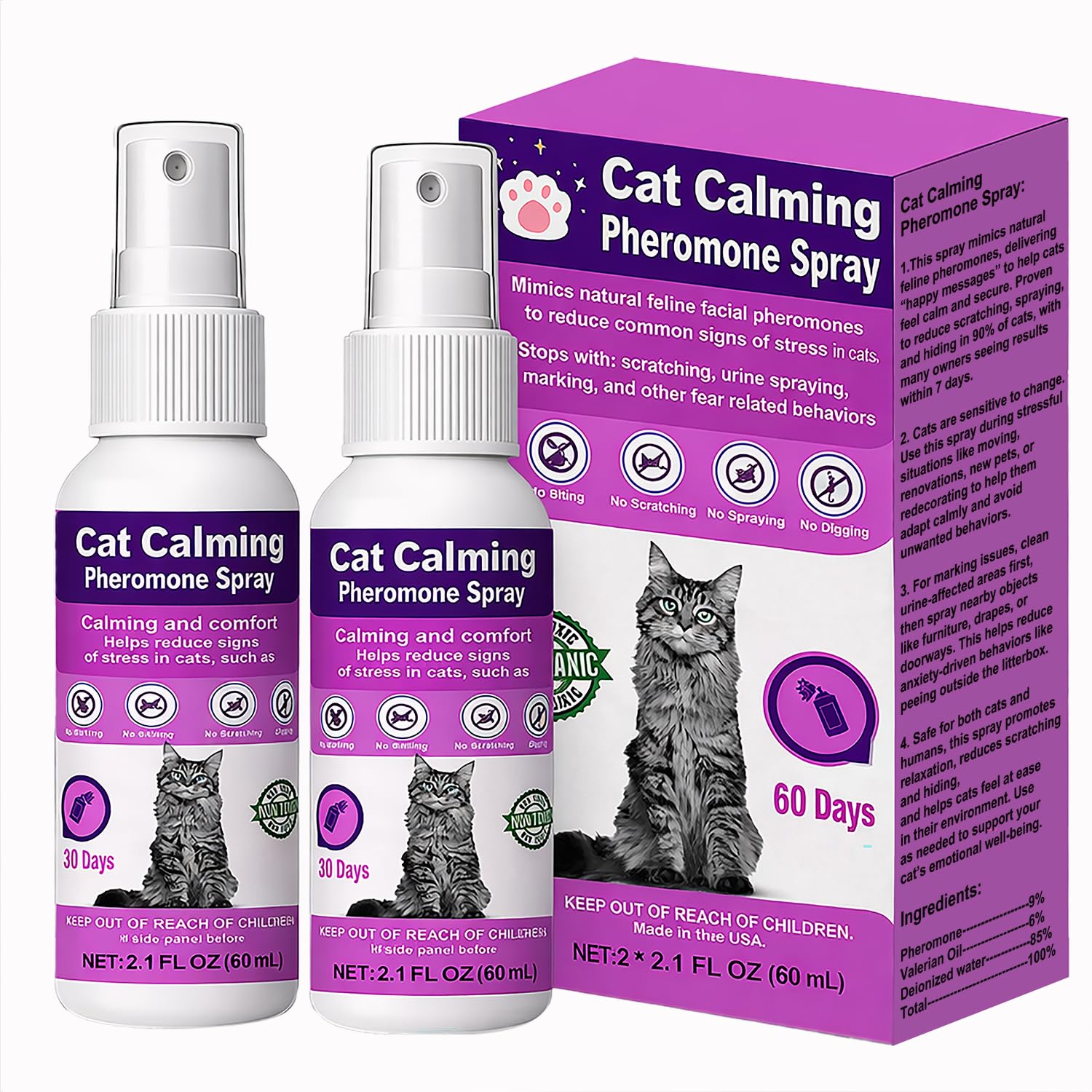 Cat Calming Spray with Pheromones – Anxiety & Stress Relief for Cats – Reduce Scratching Furniture, Urine Marking & Aggression – Calming Aid for Travel, Vet Visits & Home – 60-Day Supply (2 &times; 60 mL)