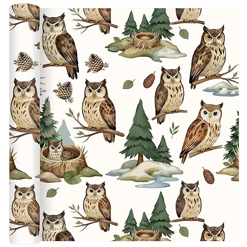 Pineraap Owl Birthday Gift Wrapping Paper Roll Retro Owl Bird