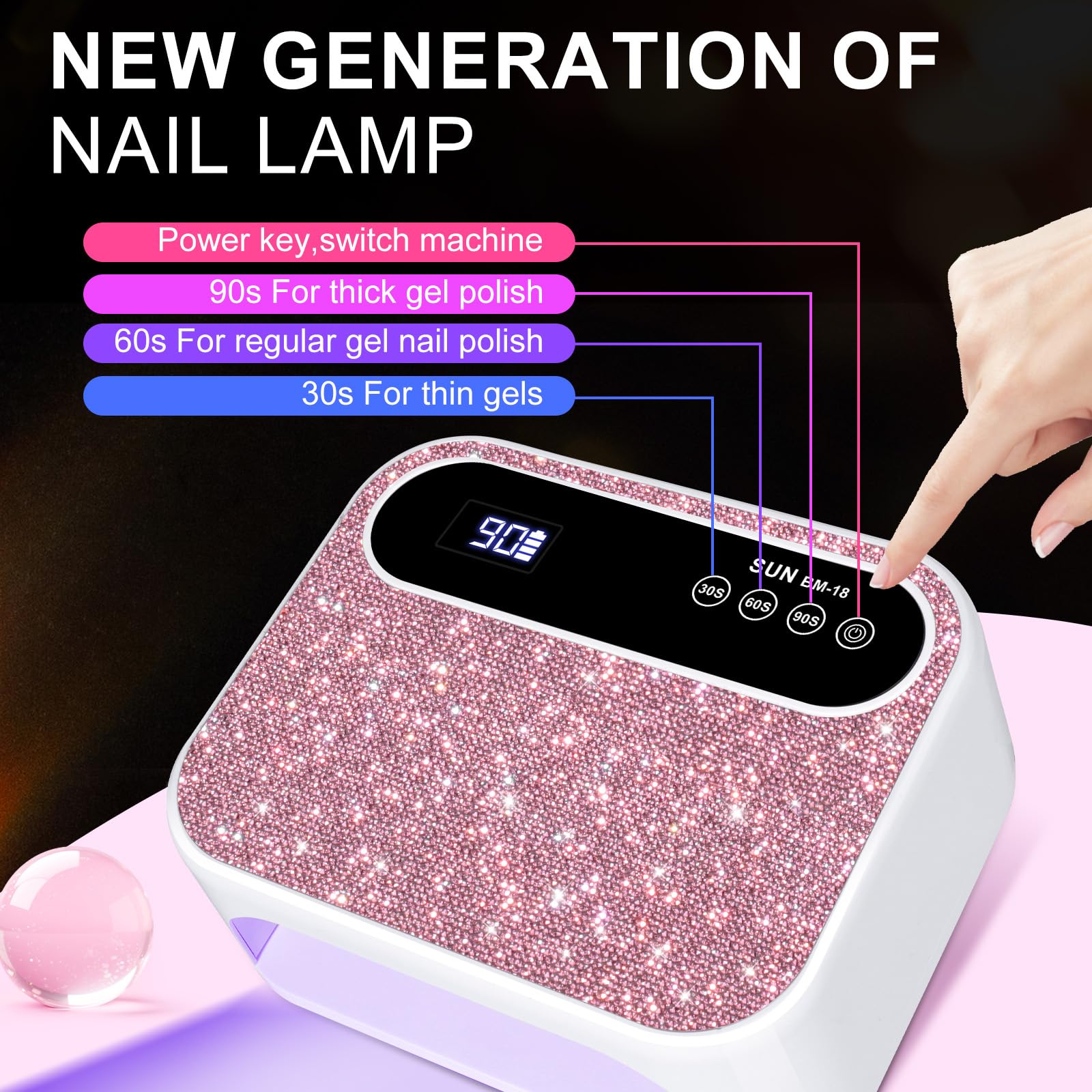Lampada per unghie senza fili, luce UV per unghie in gel, ricaricabile, professionale, 42 perline, sensore automatico per nail art a casa e nei saloni (diamante rosa)