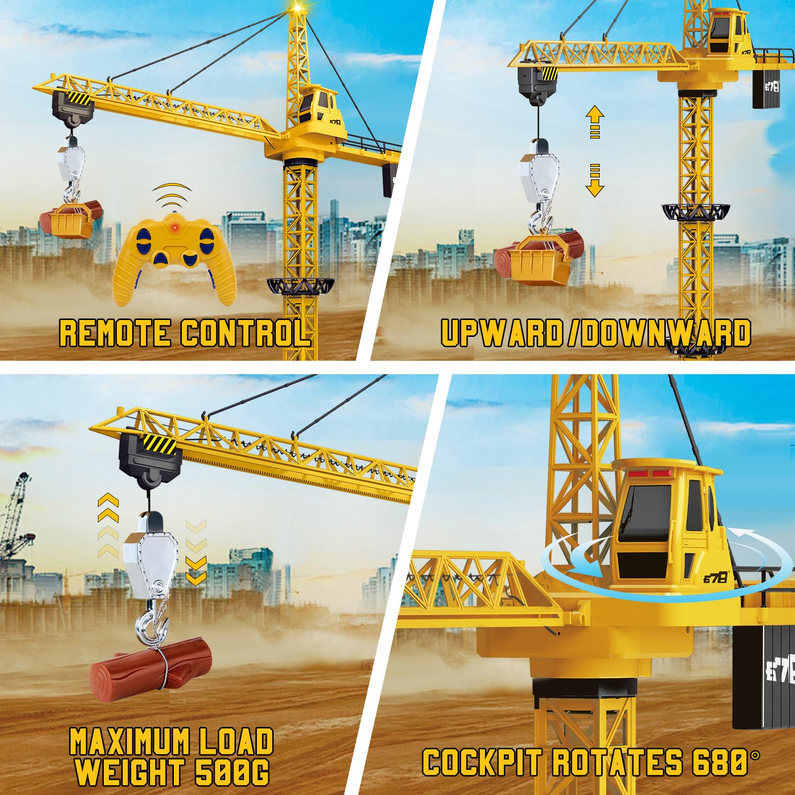 Ulikey Grúa Torre Teledirigida, 128 cm RC Grúas Torre de Construcción, 2.4GHz Gruas de Juguete de 6 Canales, Elevador Giratorio de 680, con Luces y Sonidos, Regalos para Niños de 3 a 10 Años