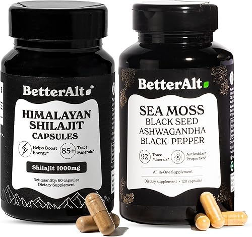 Better Alt Shilajit & Seamoss Cápsulas  Potenciador de energía natural, inmunidad y vitalidad  Ricas en minerales y ácido fúlvico  Cápsulas de
