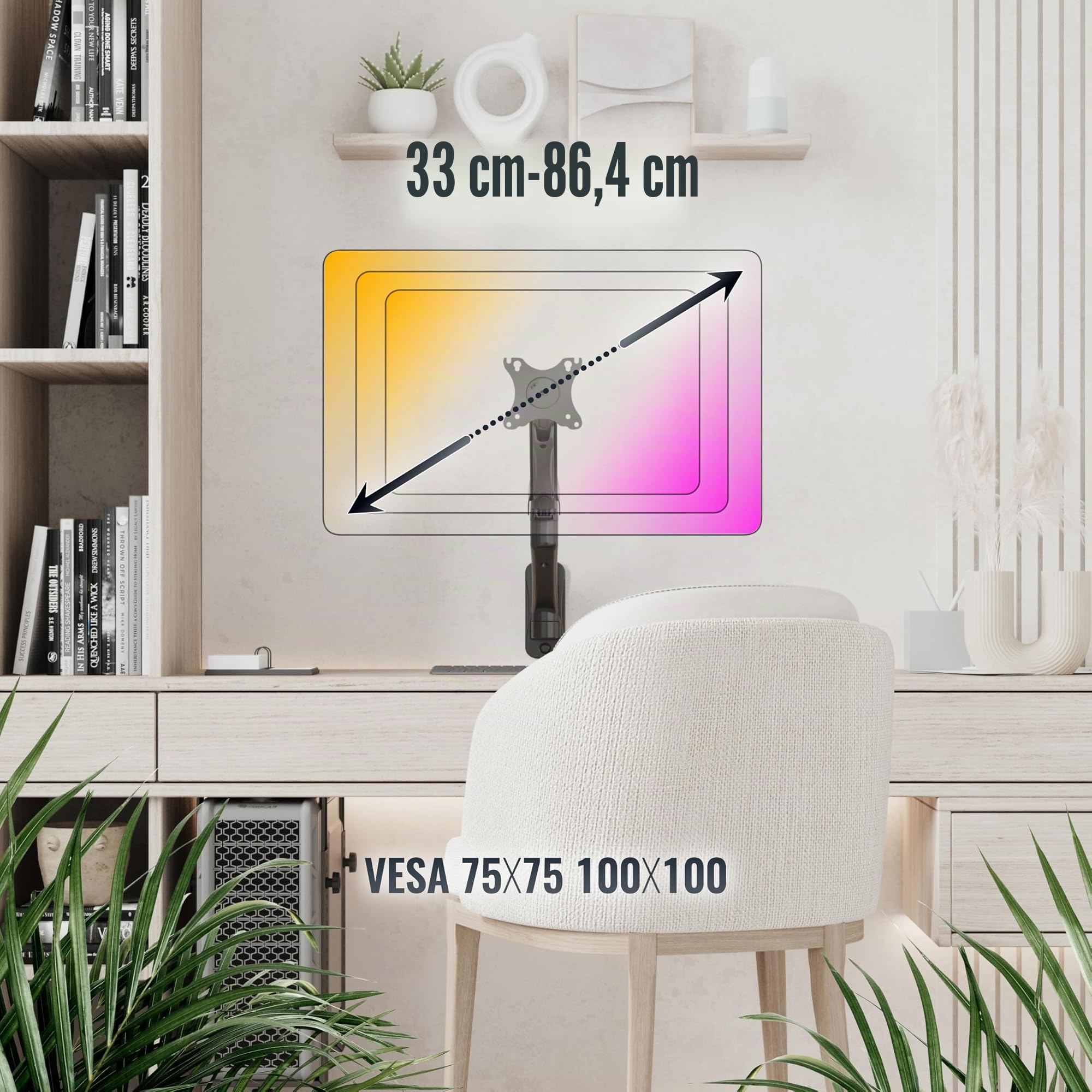 RICOO S4611 Support Mural Écran PC TV 13 17 19 22 24 27 28 32 34 Pouces VESA 75x75 100x100 Orientable Inclinable Rotatif Universel Fixation Murale TV QLED OLED LED LCD Écran incurvé