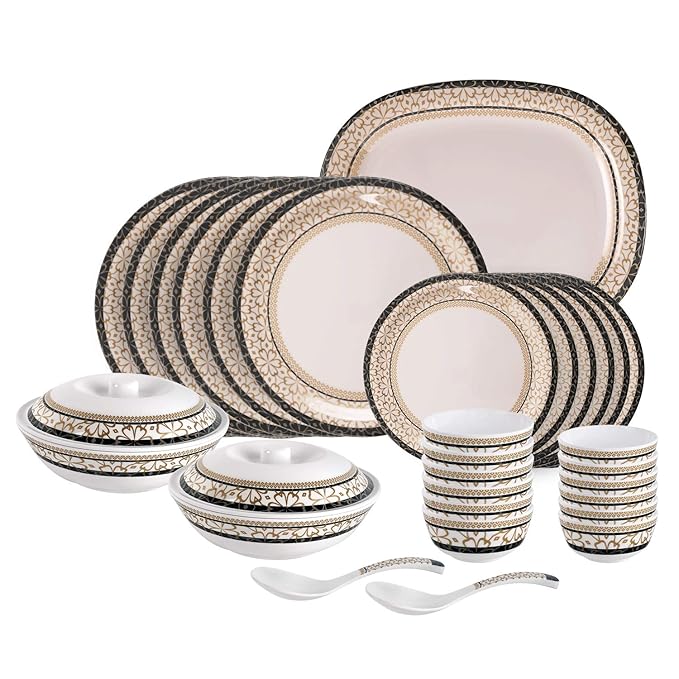 CELLO Melmoware Printed Dinner Set, Flavia, 31 Pcs, Grace, White, Large