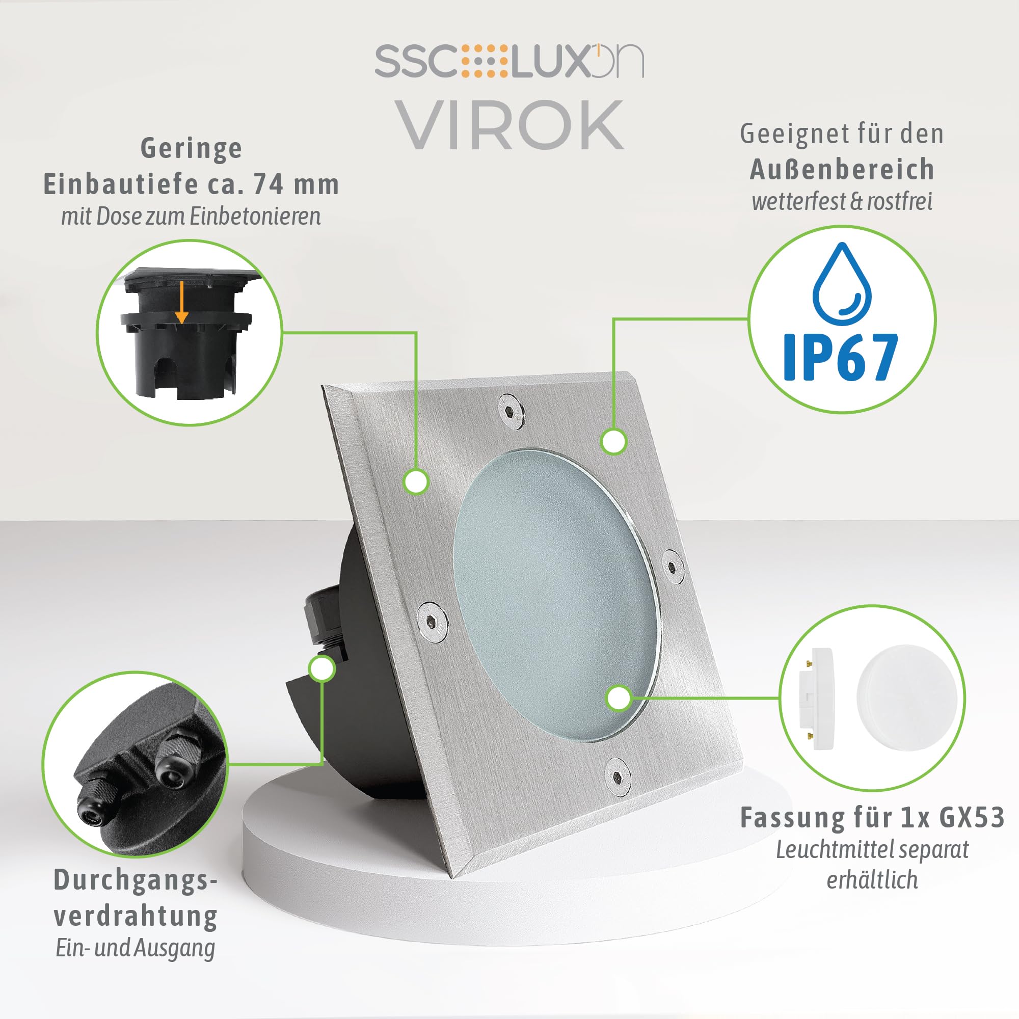 SSC-LUXon 4 Stück VIROK Bodeneinbaustrahler inkl. klarem & milchigem Glas flach IP67 befahrbar – Bodenspot quadratisch GX53 (ohne Leuchtmittel)