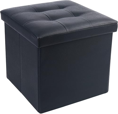 Miniatura 9 de LotFancy Otomana de almacenamiento, taburete plegable para reposapiés, banco pequeño de cuero de 13 x 12 x 12 pulgadas con almacenamiento, soporta