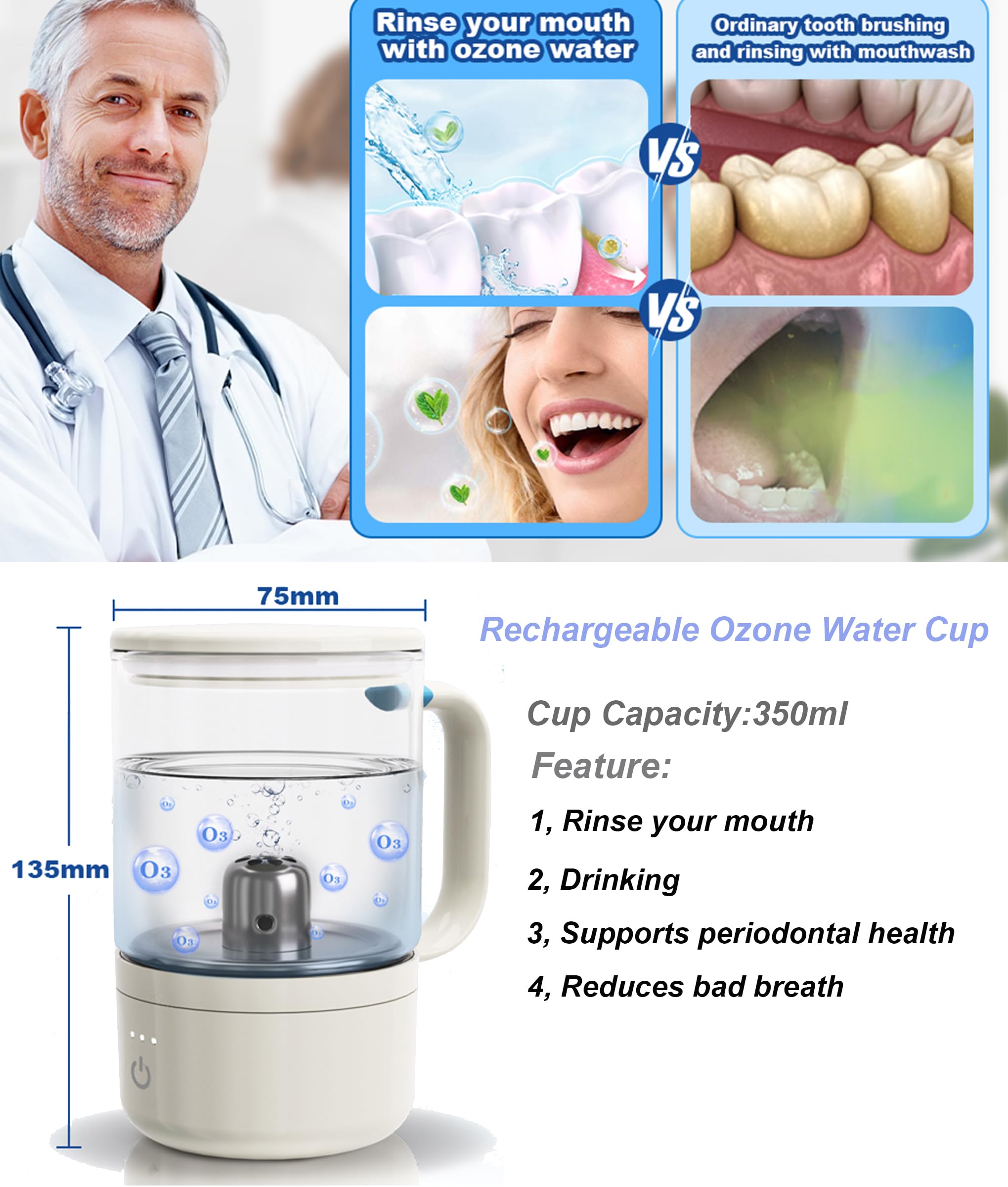 Vaso de agua portátil recargable con ozono - Generador de O3 para enjuague bucal, deportes al aire libre y viajes, vaso de vidrio rico en hidrógeno para proteger los dientes