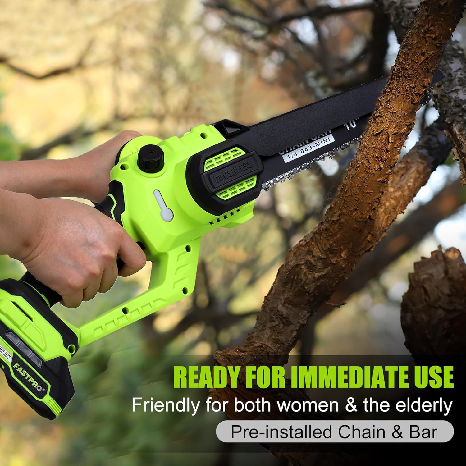 FASTPRO 10-Inch Cordless Chainsaw, Pre-Installed Mini Chain Saw Kit with 2 Pack Rechargeable Batteries, Easy for Branch Trimming and Wood Cutting