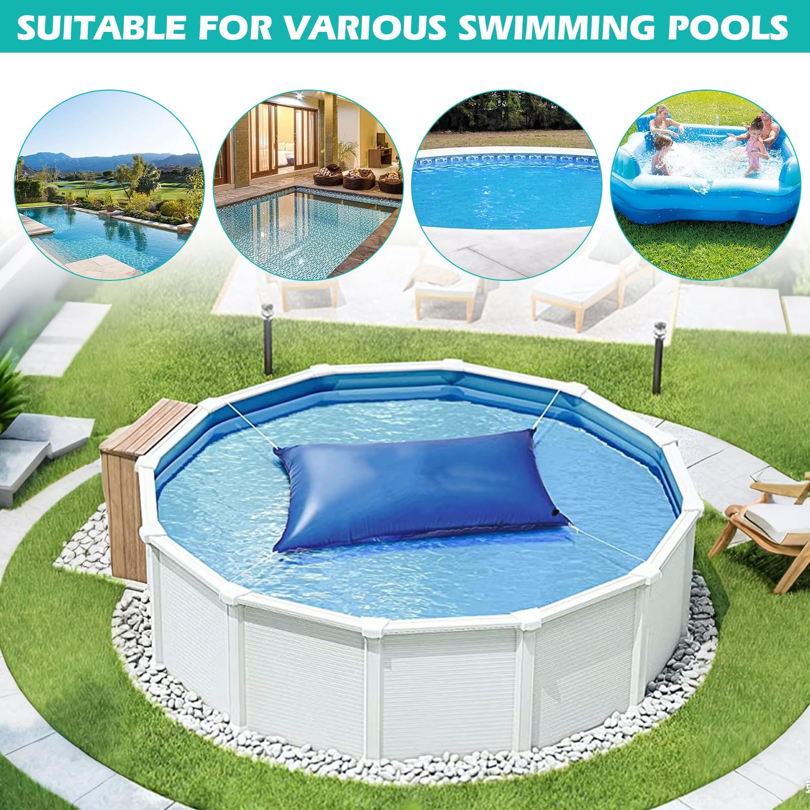 4M Poolkissen Rechteckig Set Luftkissen zur Poolabdeckung, Pool Abdeckung Schutz für Runde und Eckig 3.2-7.5x 5.5-8.6m, Pool Überdachung Abdeckung Winter mit Doppelnaht Sicherheitsventil&10m Seil