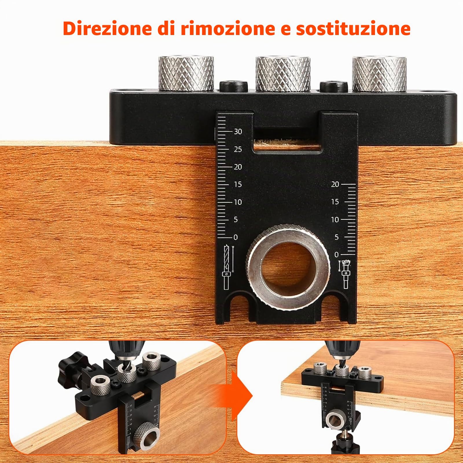 Set Legno Punte Trapano, per Legno 8/10/15mm. 3 in 1 Dima per Tasselli, Kit di guida per trapano con Clip Di Posizionamento Regolabile, Nero