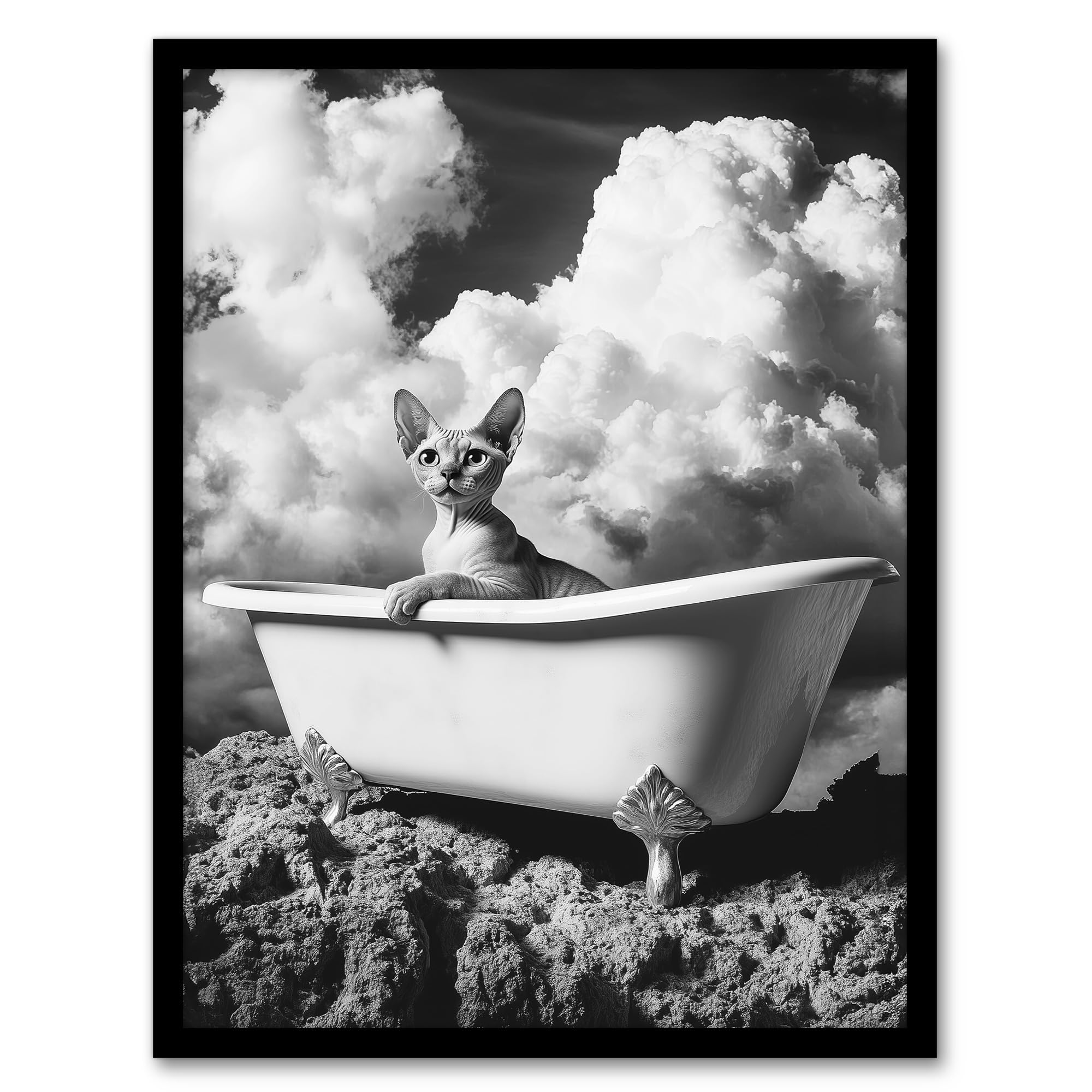 Artery8 Cat Lover Sphinx in Bathtub Black White Surreal Bathroom Toilet Artwork Framed Wall Art Print A4