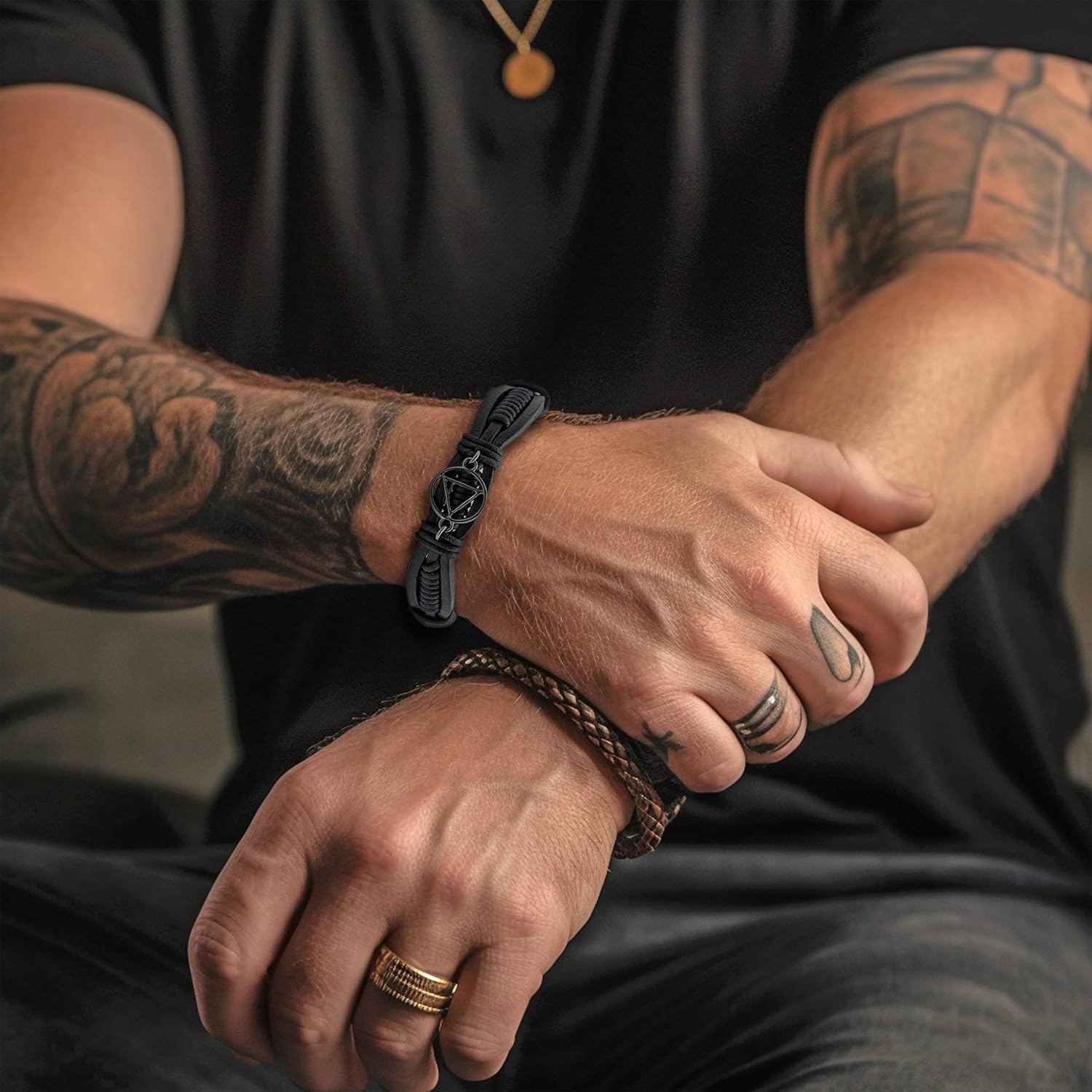 The Token Shop Adjustable Black Leather AA Bracelet with Alcoholics Anonymous Circle Triangle Charm | Sobriety Gift for Men and Women in Recovery - Image 3
