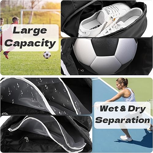 Miniatura 3 de Bolsa de gimnasio con cordón deportivo, mochila impermeable con cordón y bolsillos laterales de malla, bolsa deportiva con compartimento para